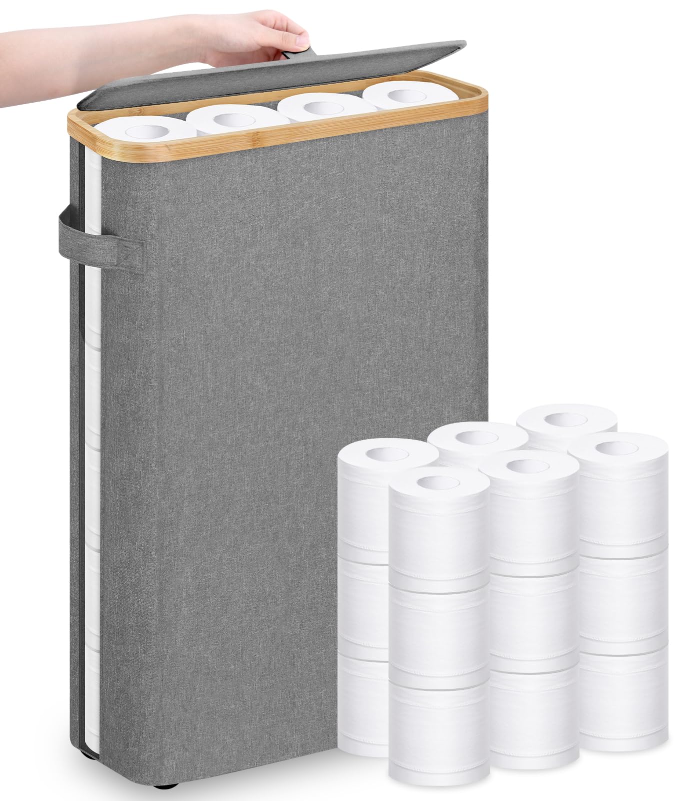 Cesto portaoggetti pieghevole per carta igienica, con coperchio e manico, per 15-20 rotoli, impermeabile, autoportante, per bagno, contenitore per carta igienica per armadio camper (grande, grigio)