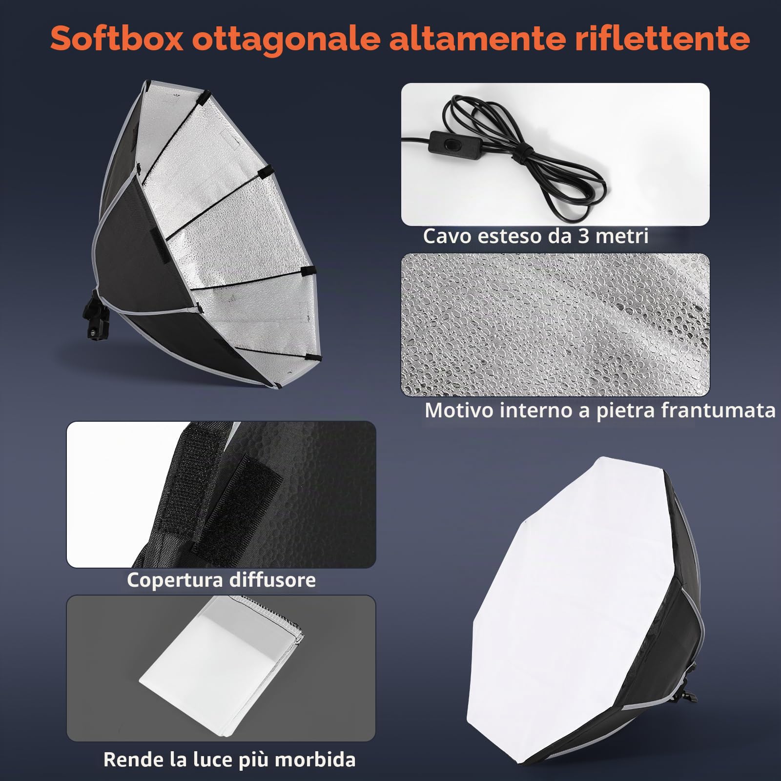 FGen Softbox - Kit da studio fotografico ottagonale Soft Box 85 W 2700-6400 K - Supporto luminoso regolabile da 150 cm per YouTube, Tiktok, streaming di giochi