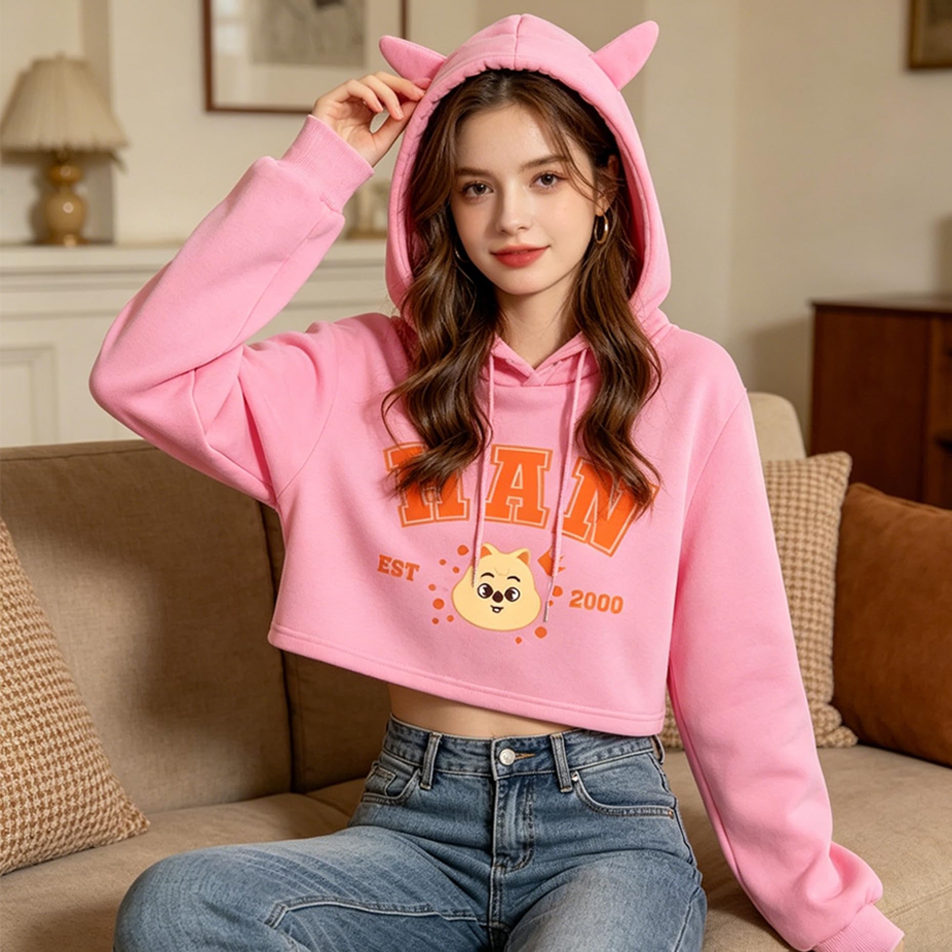 Stray Kids Sudaderas para Mujeres niñas Felix Jisung Minho Bangchan Sudaderas de oído de Gato Impresa Crop Top