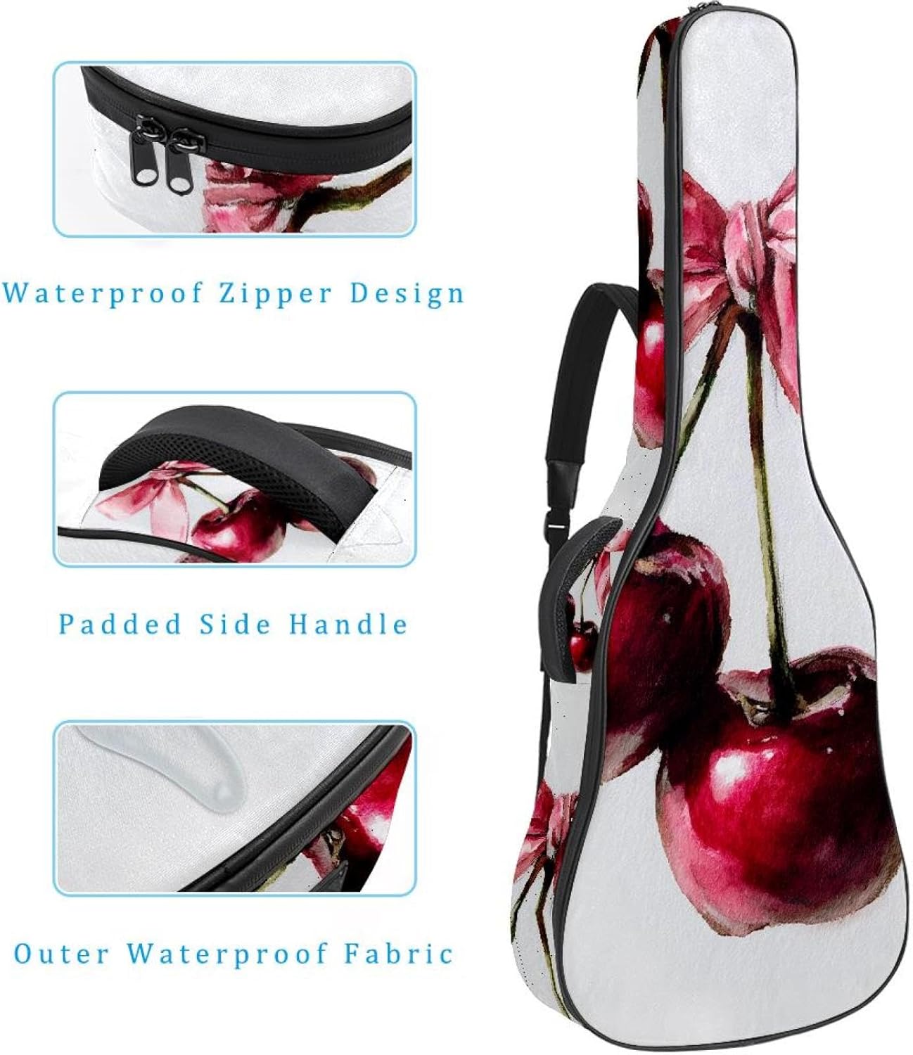 40 41 42 Inch Acoustic Guitar Bag, 0.4 In Thick Sponge Padded Guitar Case Gig Bag with Back Hanger Loop and 2 Pockets, Watercolor Red Cherries with Pink Bow