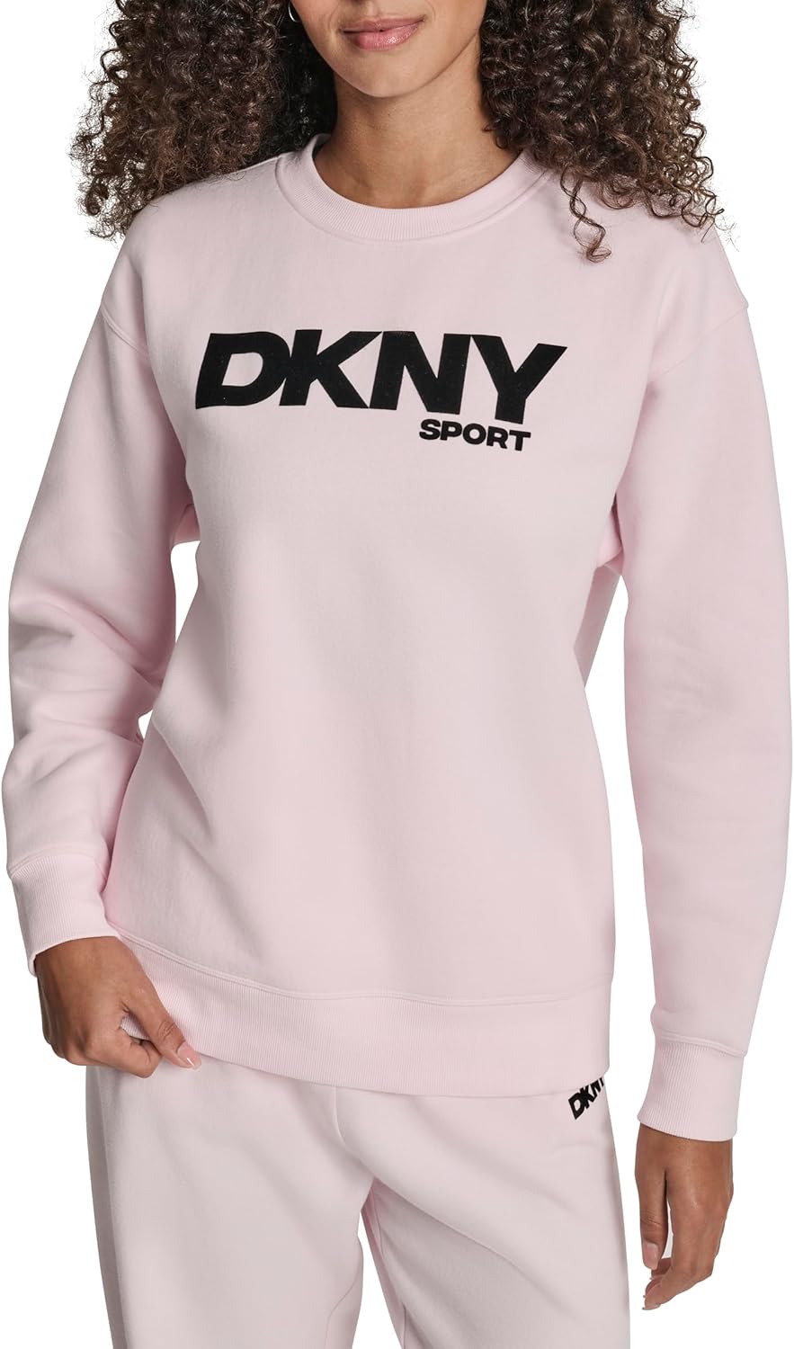 DKNY womens Long Sleeve Crew Neck Flocked Logo Pullover Sweatshirt