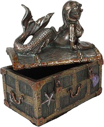 Miniatura 3 de Ebros - Joyero de sirena bronceada Nerida descansando en el tesoro hundido, 5.25 pulgadas de largo, recuerdo decorativo (pátina de bronce sintético)