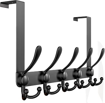 Dseap Over Door Hook 2.0 - Upgraded Version - Simple-Assembly, Strong, Heavy-Duty Stainless Steel 5-Tri-Hook Over the Door Hanger Rack, SimpleStrong Series, Black