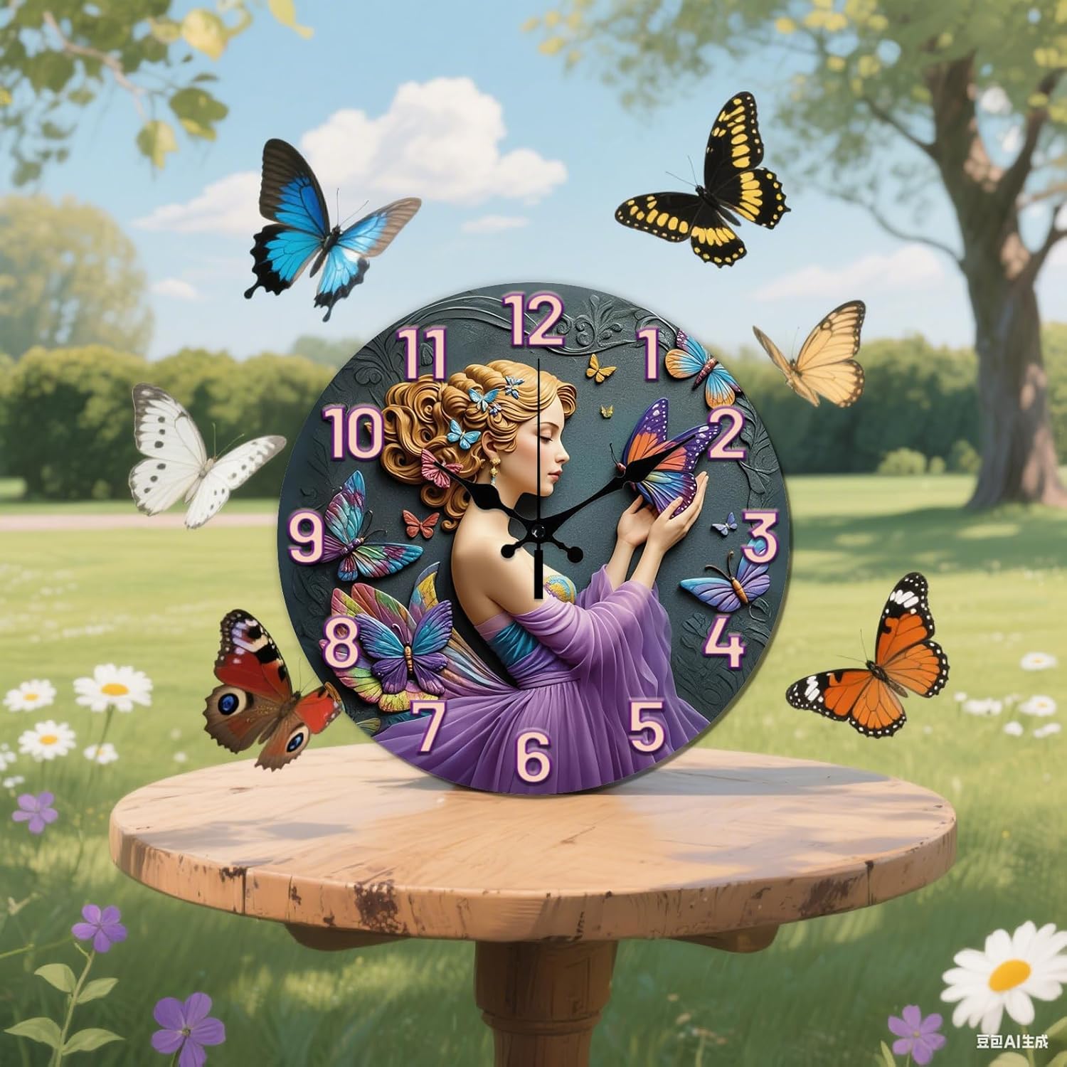 CHGCRAFT 3D Relief Butterfly Girl Pattern Wall Clock 12 Inch Non-Ticking Clocks Round Wall Hanging Clock Battery Operated for Bedroom Living Room Kitchen Office