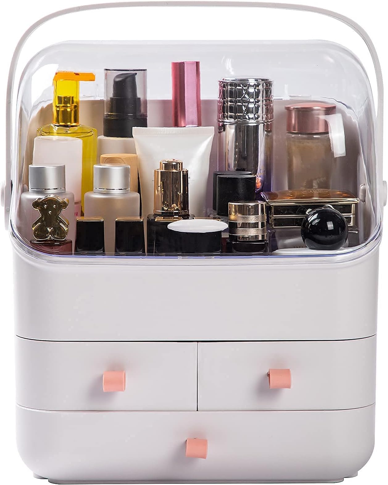 Makeup Organizer, Makeup Organizer Holder Cosmetic Storage Box with Dust Free Cover Portable Handle,Fully Open Waterproof Lid, Dust Proof Drawers,Great for Bathroom Countertop Bedroom Dresser-White