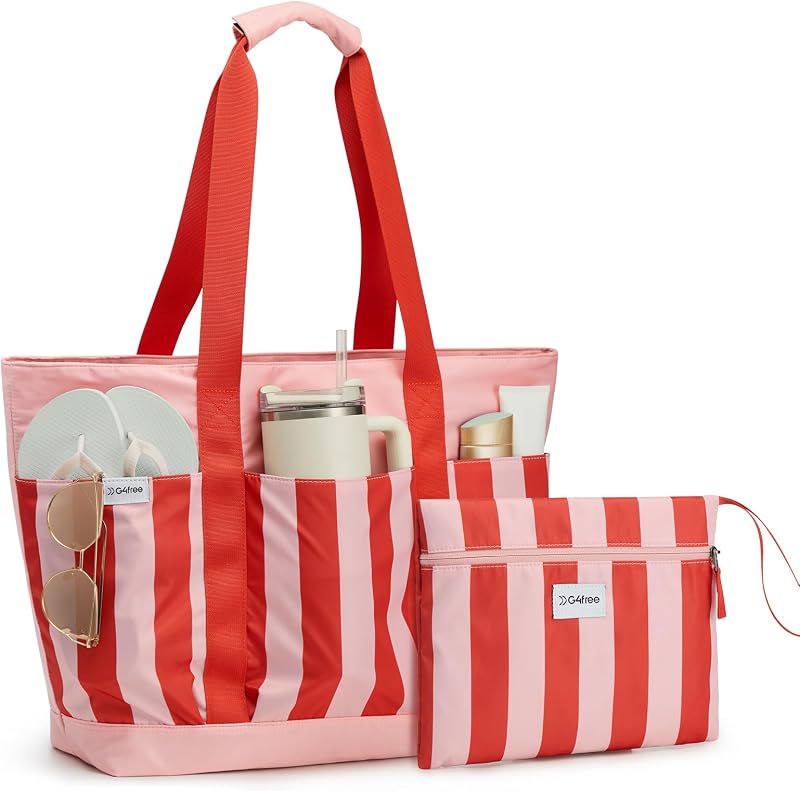 G4Free Beach Bag, Waterproof Beach Tote Pool Bags for Women | Compatible with Cup, Large Capacity Sandproof Foldable for Weekender Travel Swim