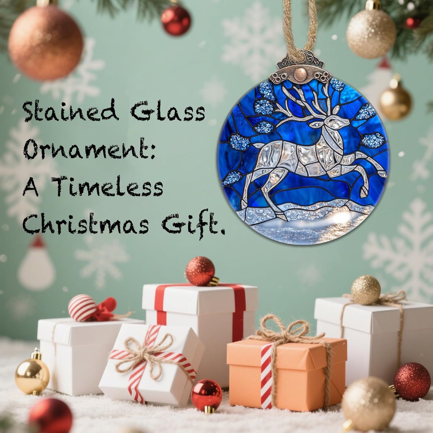 Stained Glass Christmas Decorations, White Elk Suncatcher for Window Christmas Tree Hanging Ornaments Deer Snow Scene Blue Sun Catcher Xmas Decor Gifts for Women Men Mom Nana Friend - Image 7