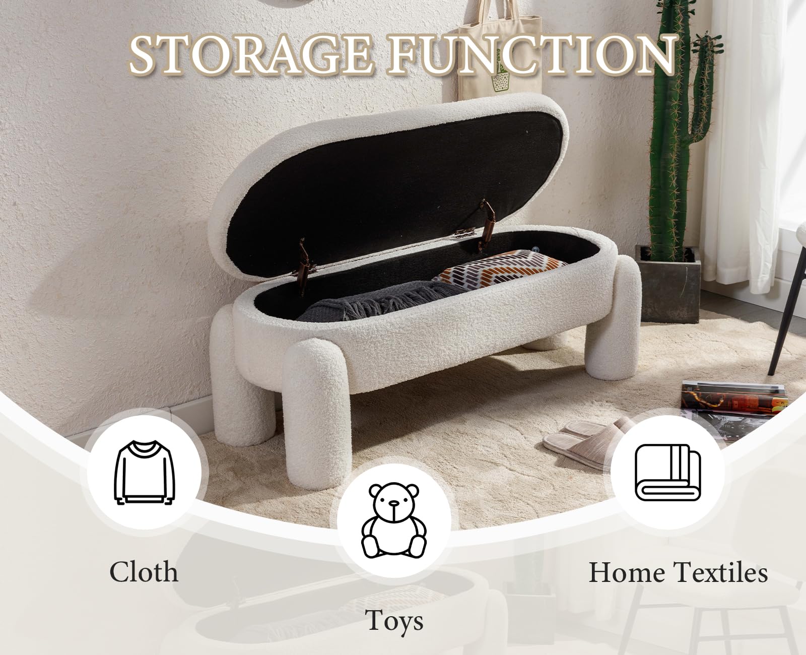 Ya-Home Cassapanca Pouf Panca Contenitore Panca Fondo Letto Cassapanca Contenitore in Pelliccia Sintetica per Camera da Letto/Soggiorno, Bianco,114cm