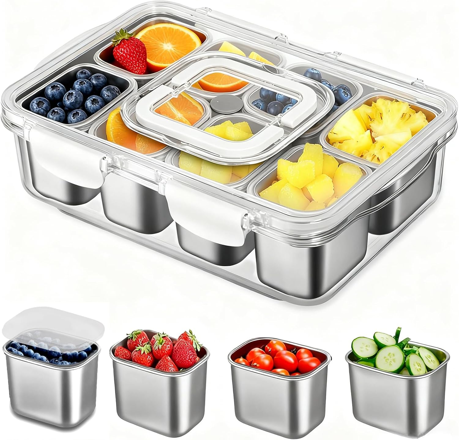 Snackle Box Container, Stainless Steel Divided Serving Tray with Lid and Handle, Portable Snack Tray for Fruit Veggie Candy, 8-Compartment Snack Platter for Travel Party Beach Picnic 13.38"L x 9.25"W x 3.54"H