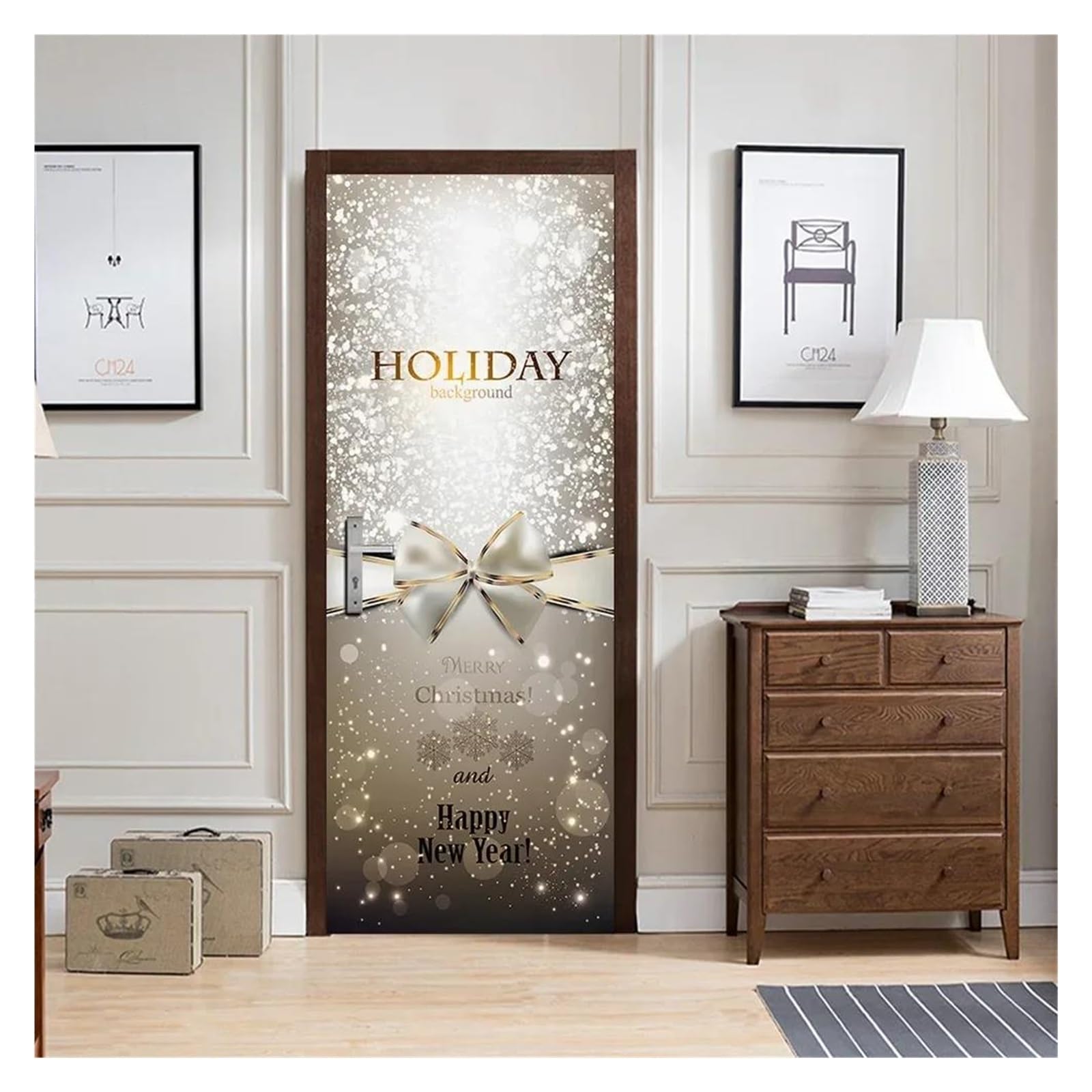 Sticker de porte nœud de Noël 90x200cm, papier peint imperméable B