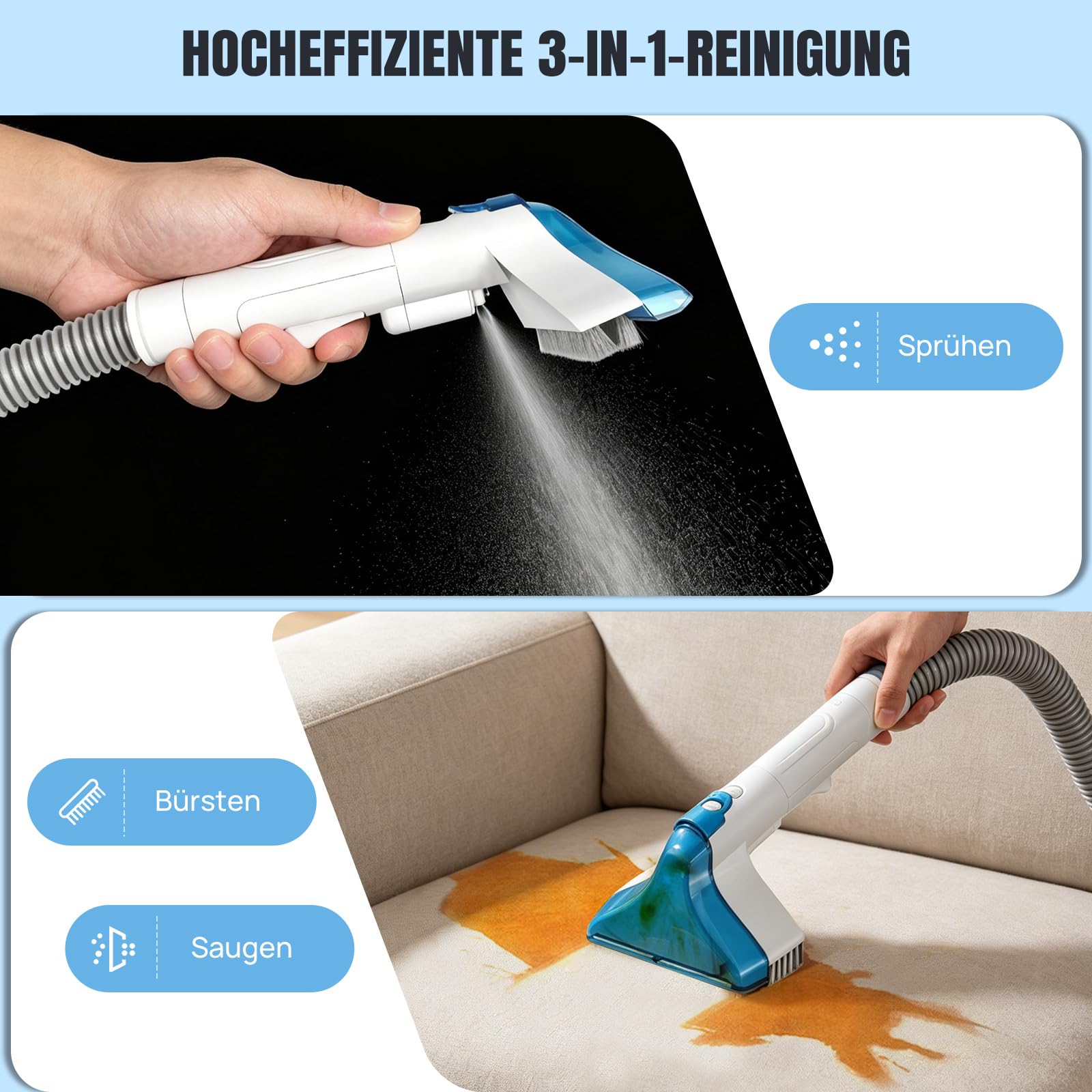 Akku Spot Cleaner, 3-in-1 Teppichreiniger mit 2 x 21V Akku, 600ml Frisch-/Abwassertank, Tragbarer Polsterreiniger für Sofa, Teppich, Matratze, Autositze, Tierhaare & Flecken