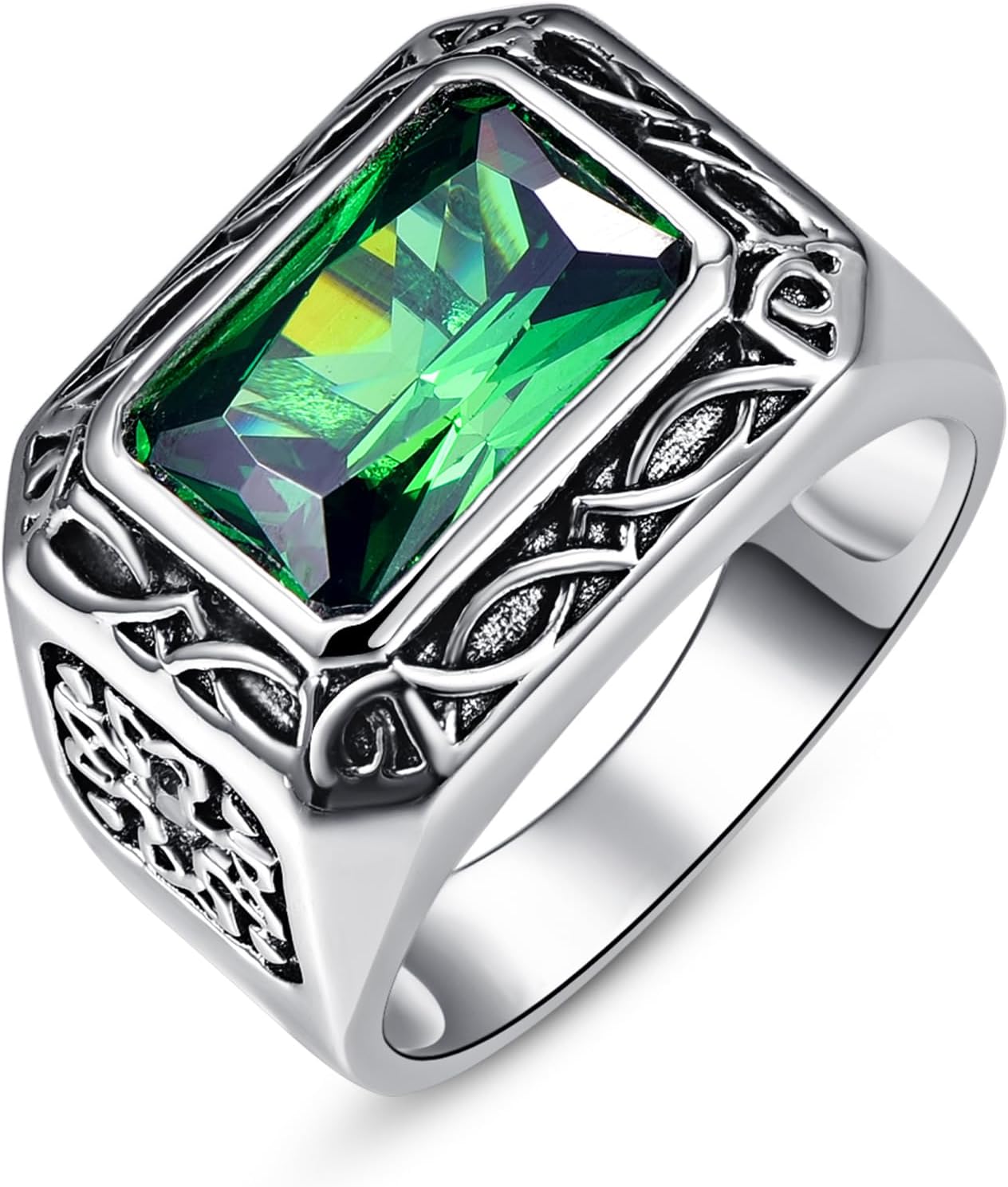 Bonlavie Men's Ring 925 Sterling Silver Emerald Cut Green Emerald Rings 6.85ct 8 * 12mm, Size L 1/2 to Z +2.5