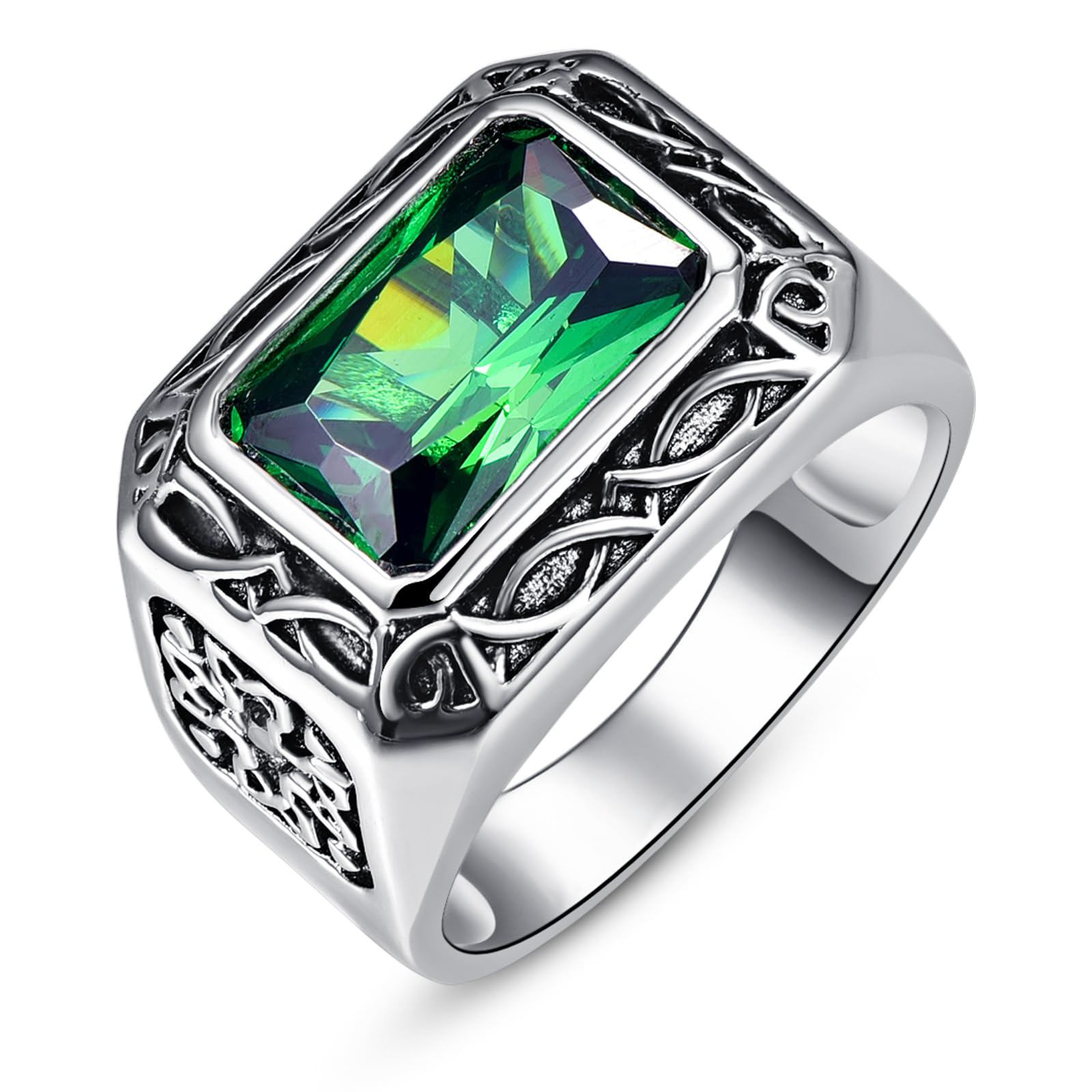 Bonlavie Men's Ring 925 Sterling Silver Emerald Cut Green Emerald Rings 6.85ct 8 * 12mm, Size L 1/2 to Z +2.5