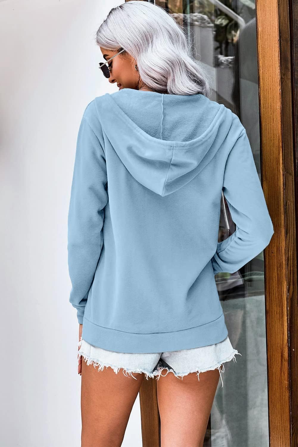 WROLEM Women Casual Full Zip Up Hoodie Comfy Loose Long Sleeve Sweatshirt Solid Color Jacket with Pockets - Image 5