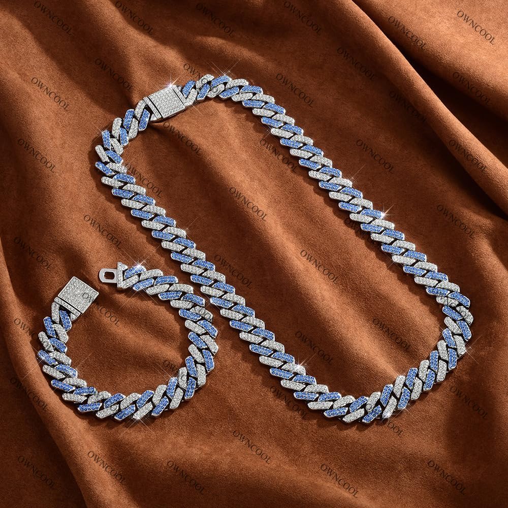 2 PCS Blue Iced Out Cuban Link Chain Cuban Diamond Chain Necklace Bracelet Bling Hip Hop Jewelry for Men Women - Image 3