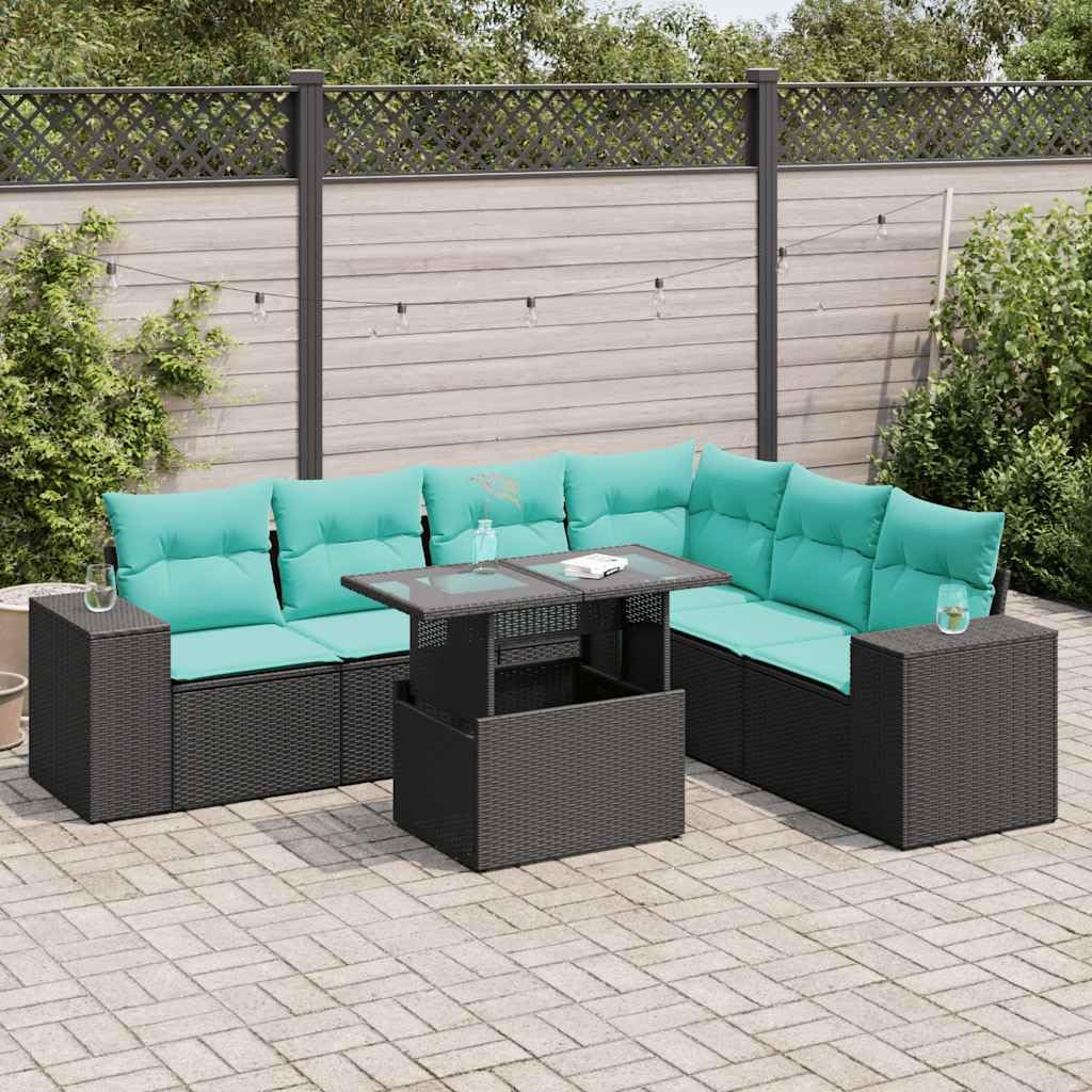 7 PEZZI POLIRATTANO DA GIARDINO NERO CON CUSCINI DIVANO MODULARE PER TERRAZZO FODERE LAVABILI SFODERABILI