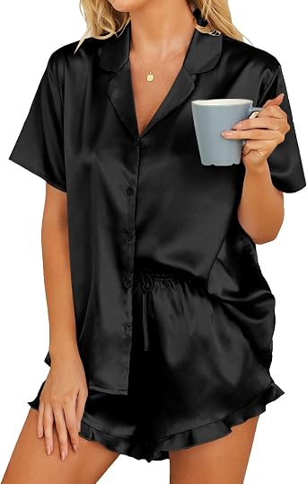 HOTOUCH Womens Satin Pyjamas Set Short Sleeve Button Down Sexy 2 Piece Silk Pjs Shorts Set XS-XXL