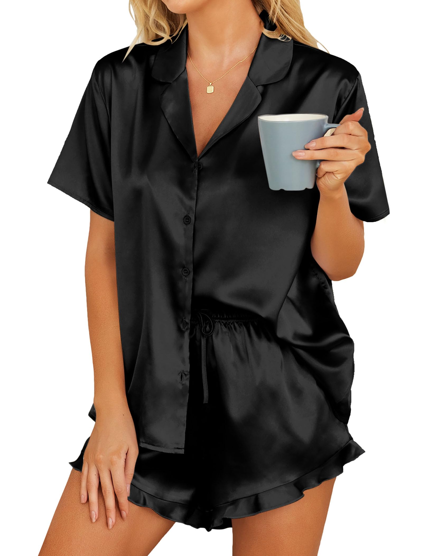 Hotouch Satin Schlafanzug Damen Kurz Pyjamas Set Kurzarm Sommer Loungewear Sleepwear Hausanzug S-XXL