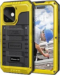 Mitywah Capa à prova d'água para iPhone 16, capa resistente à prova de choque com protetor de tela integrado, capa protetora de metal subaquática de corpo inteiro de 6,1 polegadas, amarela