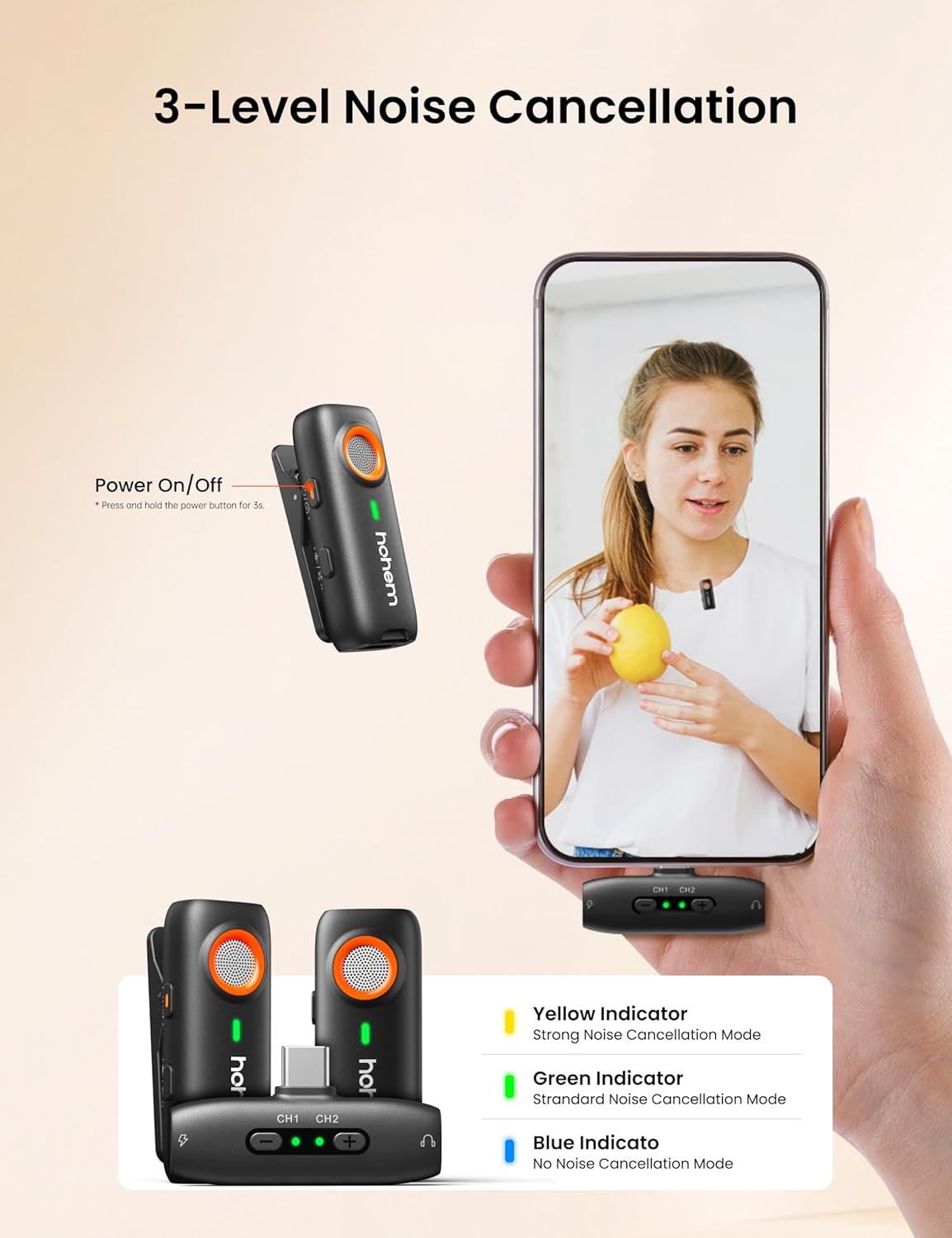 hohem MIC-01 Wireless Lavalier Microphone, Noise Cancellation,48kHz 328ft Range, 20 Hours Battery, Wireless Microphone for Android, PC, Camera, Video Recording (2TX + 1RX + Charging Case)