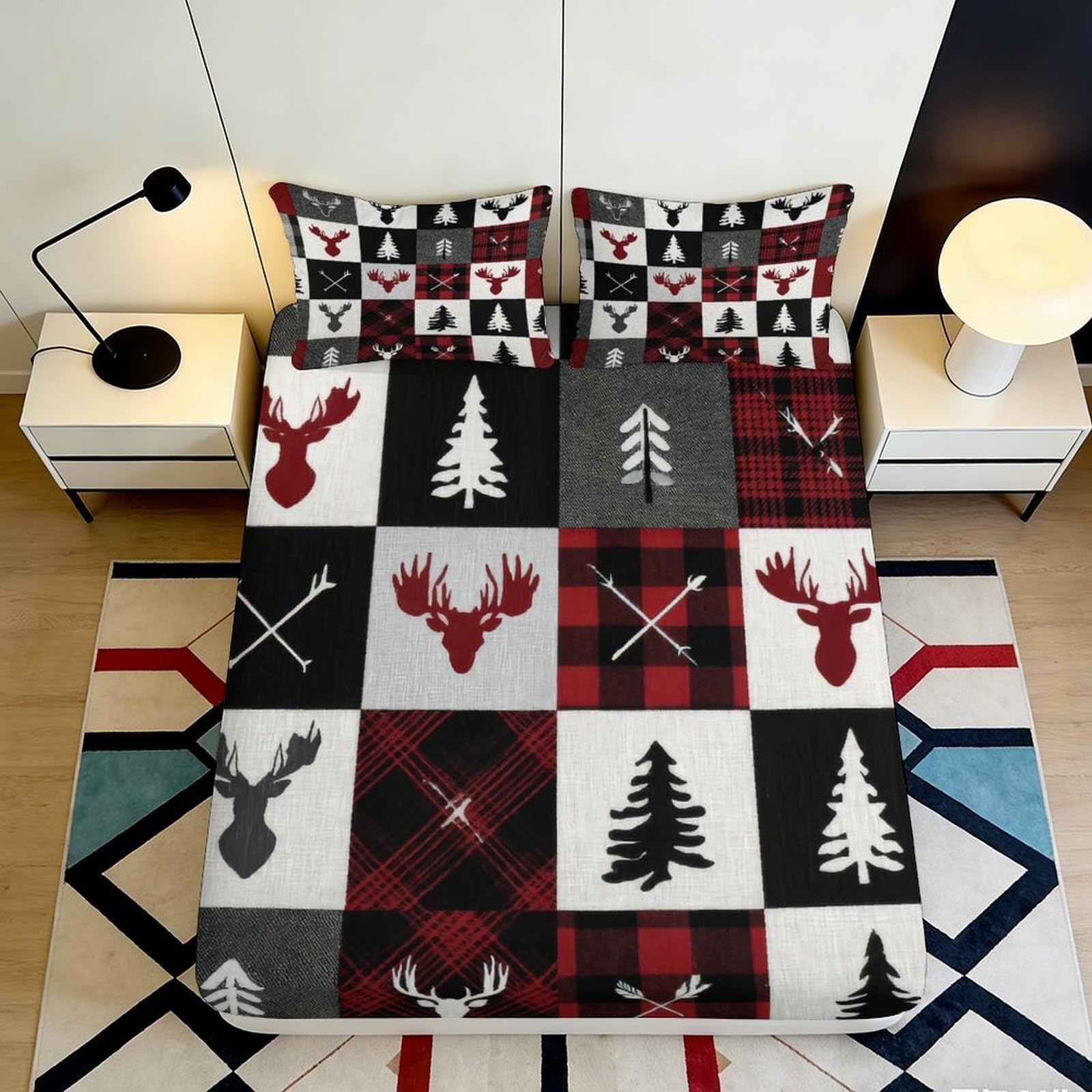 3D Printed Plaid Moose Fitted Sheet Microfiber Red Black Forest Tree Bed Cover for Bedroom Dorm Mattress Protection Decor 140x200x25cm