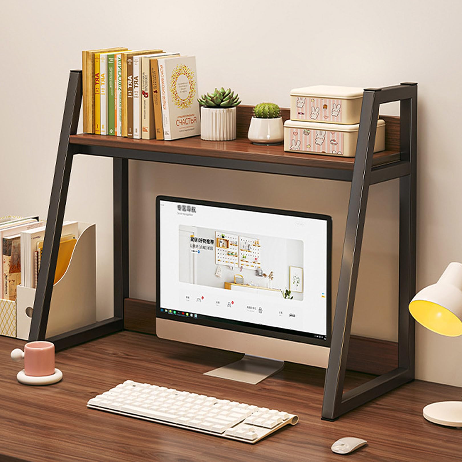 XIaoHESHop Industrial Desktop Bookshelf, Desktop Bookcase for Computer Desk, Multifunctional Freestanding Storage Rack Display Shelf, Matel and Wood, Black