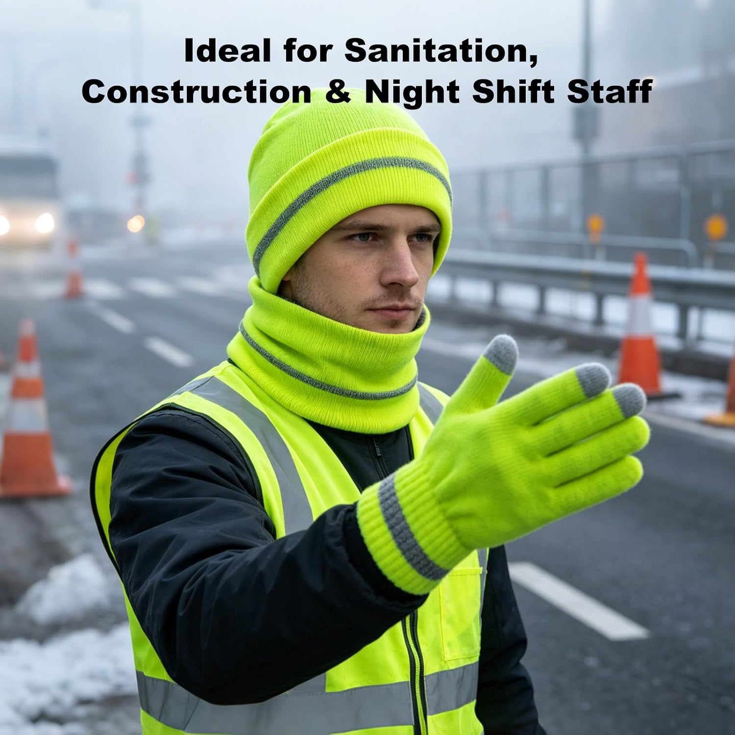 3 Pcs Men’s Hi Vis Winter Set, Hat Neck Warmer Gloves with Sherpa Fleece Lined & Reflective Stripes