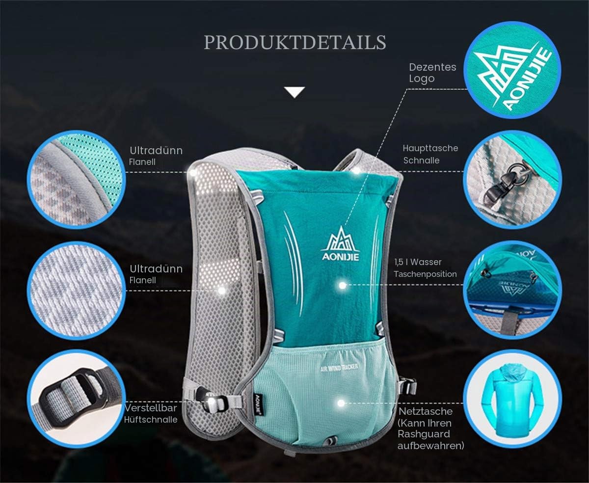 5L Ultraleicht Trinkrucksack Trail Rucksack Trinkweste, Hydration Pack Fahrradrucksack für Laufen, Camping, Wandern, Marathoner mit 1.5L Trinkblase oder 500ML Wasserflasche
