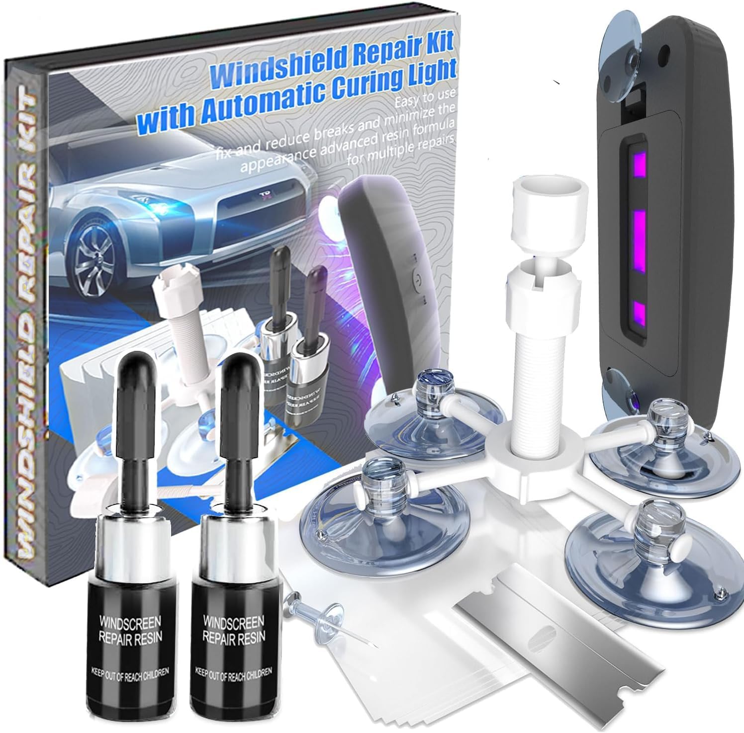 Windshield Repair Kit, 2 PCS Windshield Crack Repair Kit with Suction Cup Curing Light, Automotive Nano Fluid Vehicle Windscreen Tool, Glass Repair Kit for Chips and Cracks (Navy)
