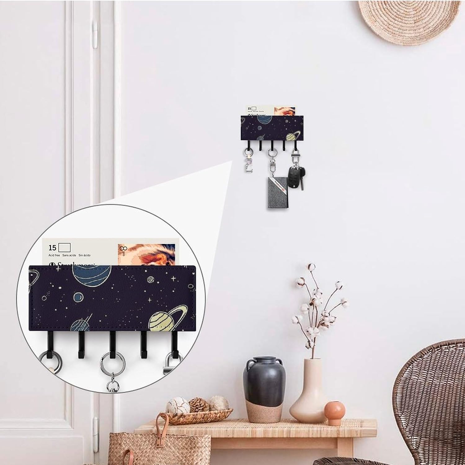 Space Planet Key Holder with 5 Hooks Mail Organizer for Wall Black-style image 4