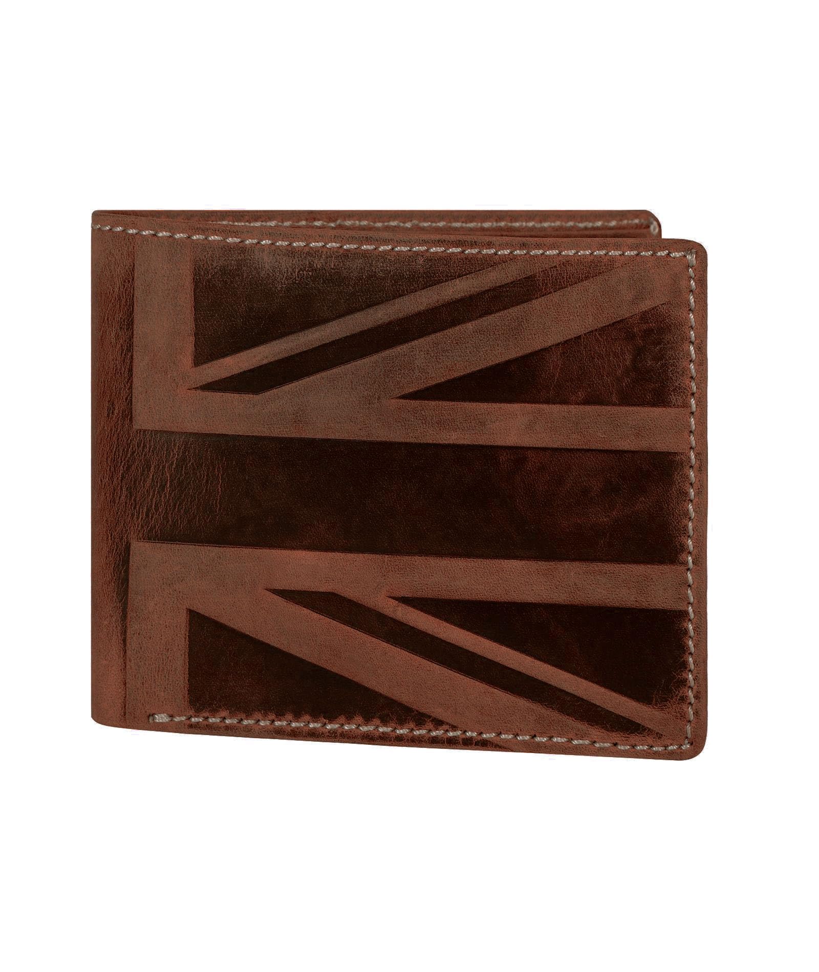 Hudson & JamesDesigner London Real Distressed Leather Mens Wallet with Zip Coin Pocket Credit Carder Holder Bifold Purse UK Union Jack (Reddish Brown)