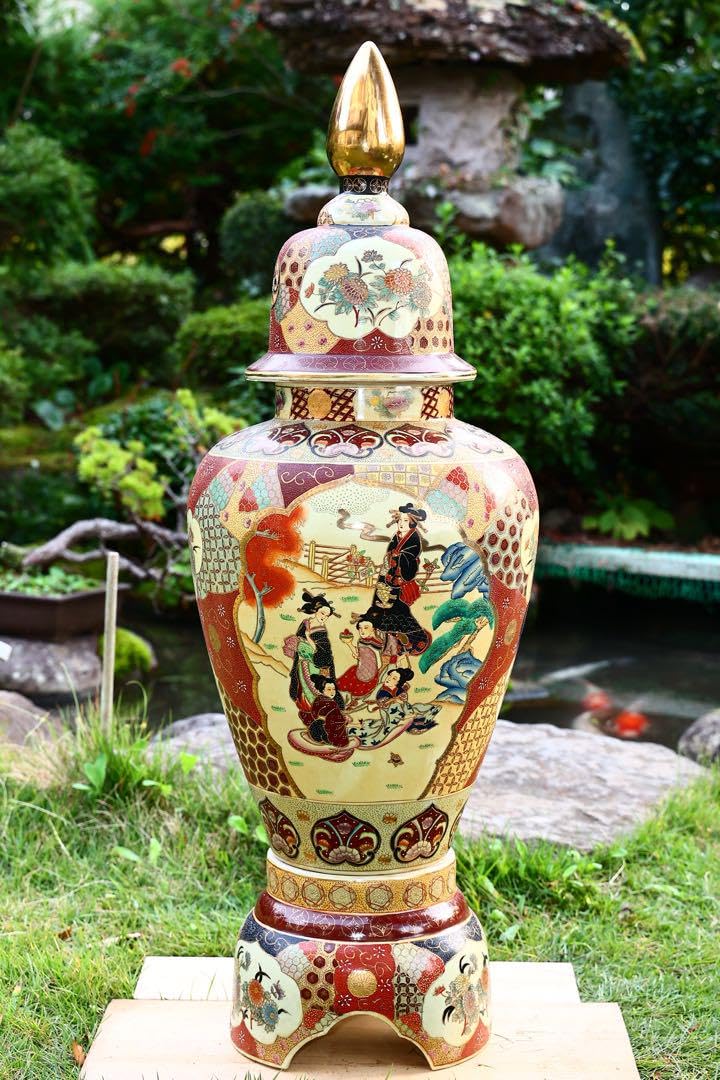 Amazon.co.jp: 飾り壺 薩摩焼 美人 花瓶 金彩色絵 壺 骨董 古美術 置物 