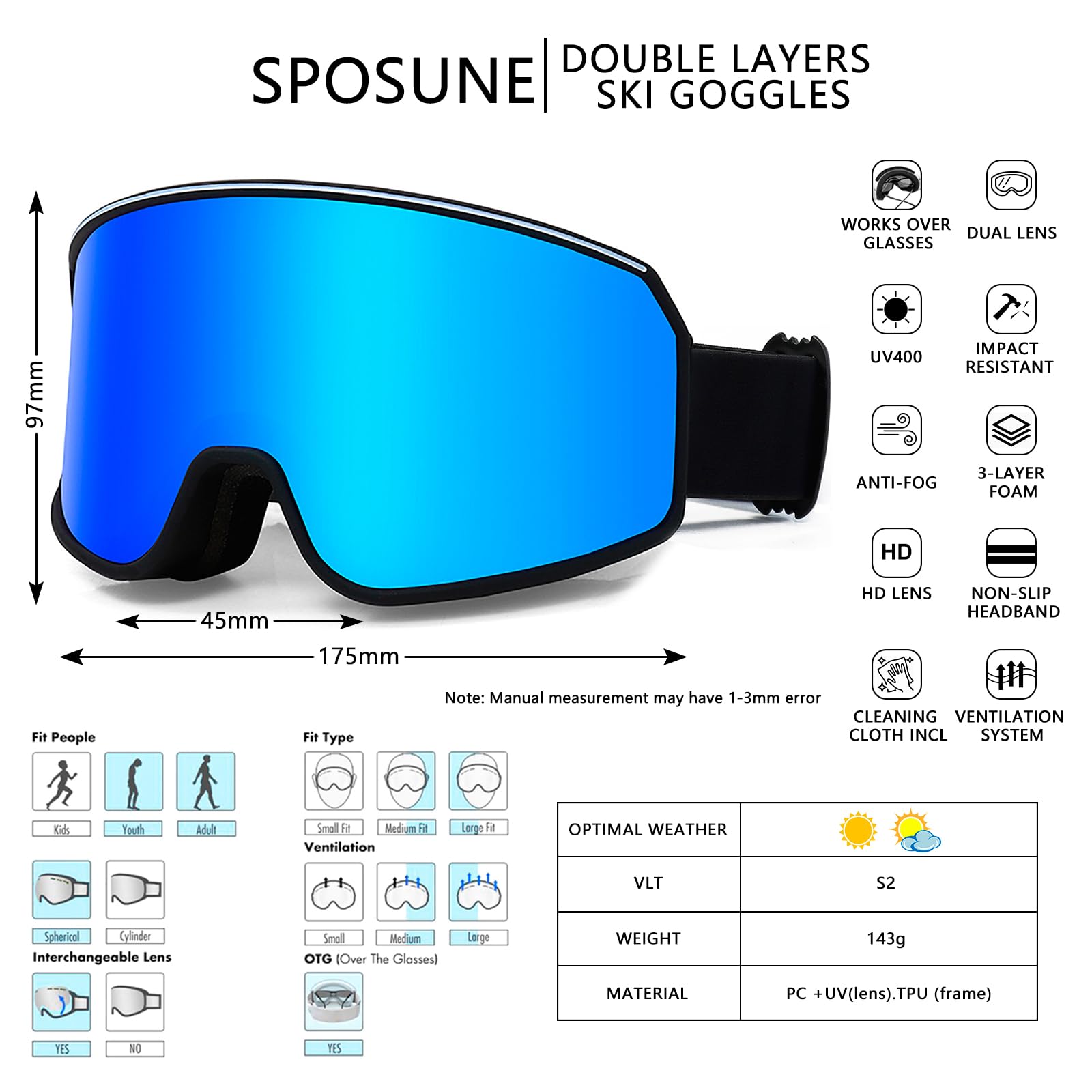 SPOSUNE Ski Goggles Over Glasses with Dual lens, Black&Blue Lens, Lens Width: 6.69 In, Lens Height: 3.54 In - Image 3