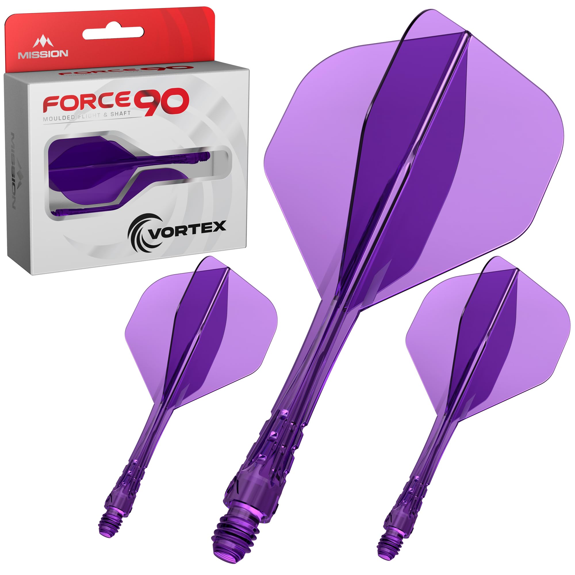 Mission Darts | Force 90 Vortex | Integrated Precision Moulded Dart Flight And Shaft System | Multiple Styles | Multiple Colours. (Standard No2 - Medium, Clear Purple)