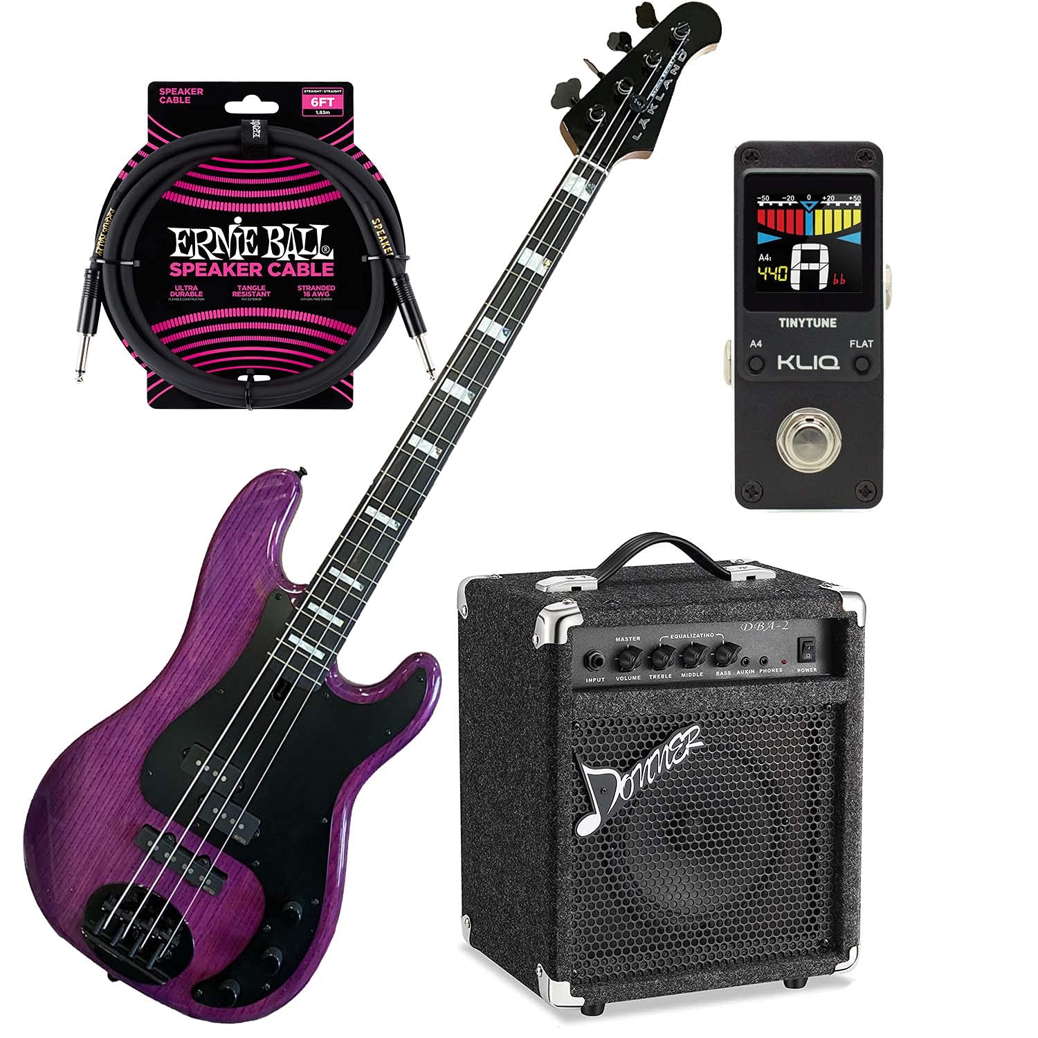Clutch Lakland Skyline 44-64 GZ Bass Guitar – Translucent Purple, 25W Bass Amp, EBall Cable, KLIQ TinyTune Bundle