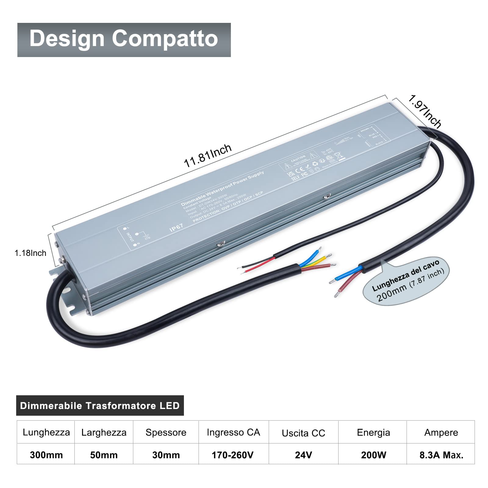 REYLAX Trasformatore LED da 220V a 24V 200W Dimmerabile Impermeabile IP67 TRIAC & 0-10V&1-10V & PWM Outdoor Alimentatore 8.3A Driver LED DC 24 Volt a Bassa Tensione Power Supply Tensione Costante