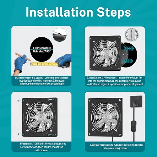 Vista 6 de HG Power 8 Inch Exhaust Fan with Switch, Powerful Kitchen Exhaust Fan with Damper, Potable Window Exhaust Fans, Small Fume Extractor Ventilation Fan