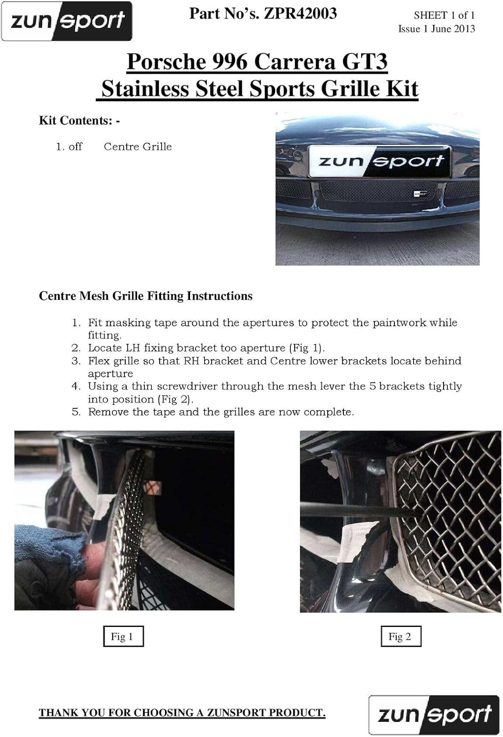 Zunsport Compatible With Porsche 996 Carrera GT3 - Centre Grill - Black finish (2003 to 2005)