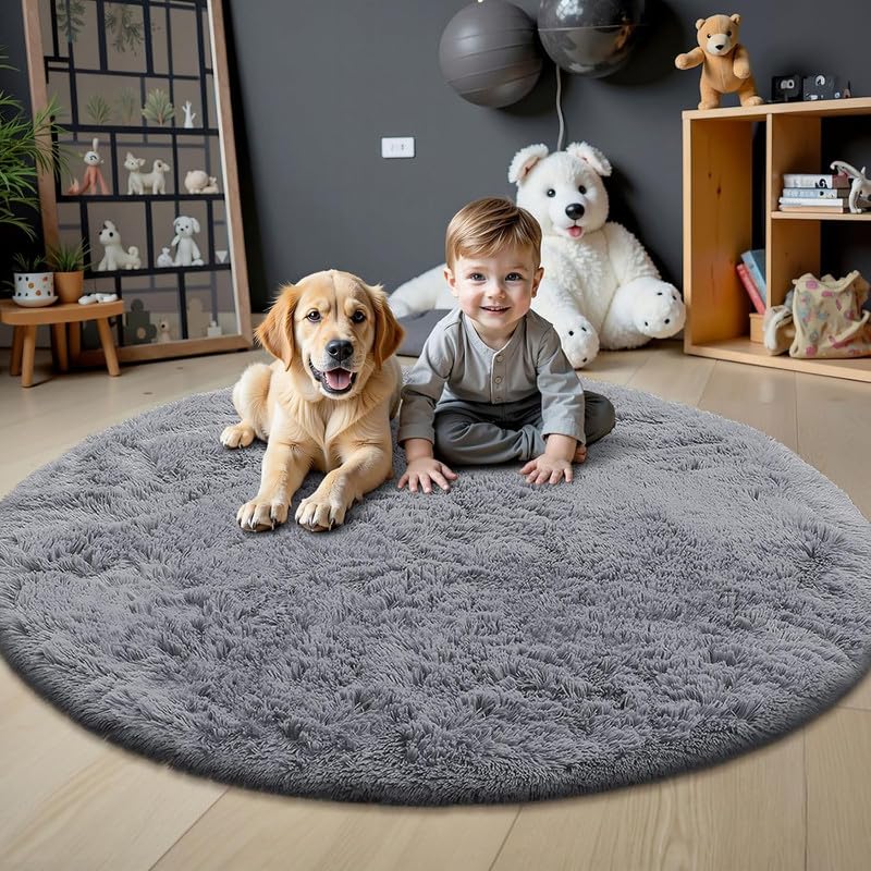 Image of Carpets for Living Room 7x7 Feet Round, Grey Color, Microfiber, Anti Skid Rug