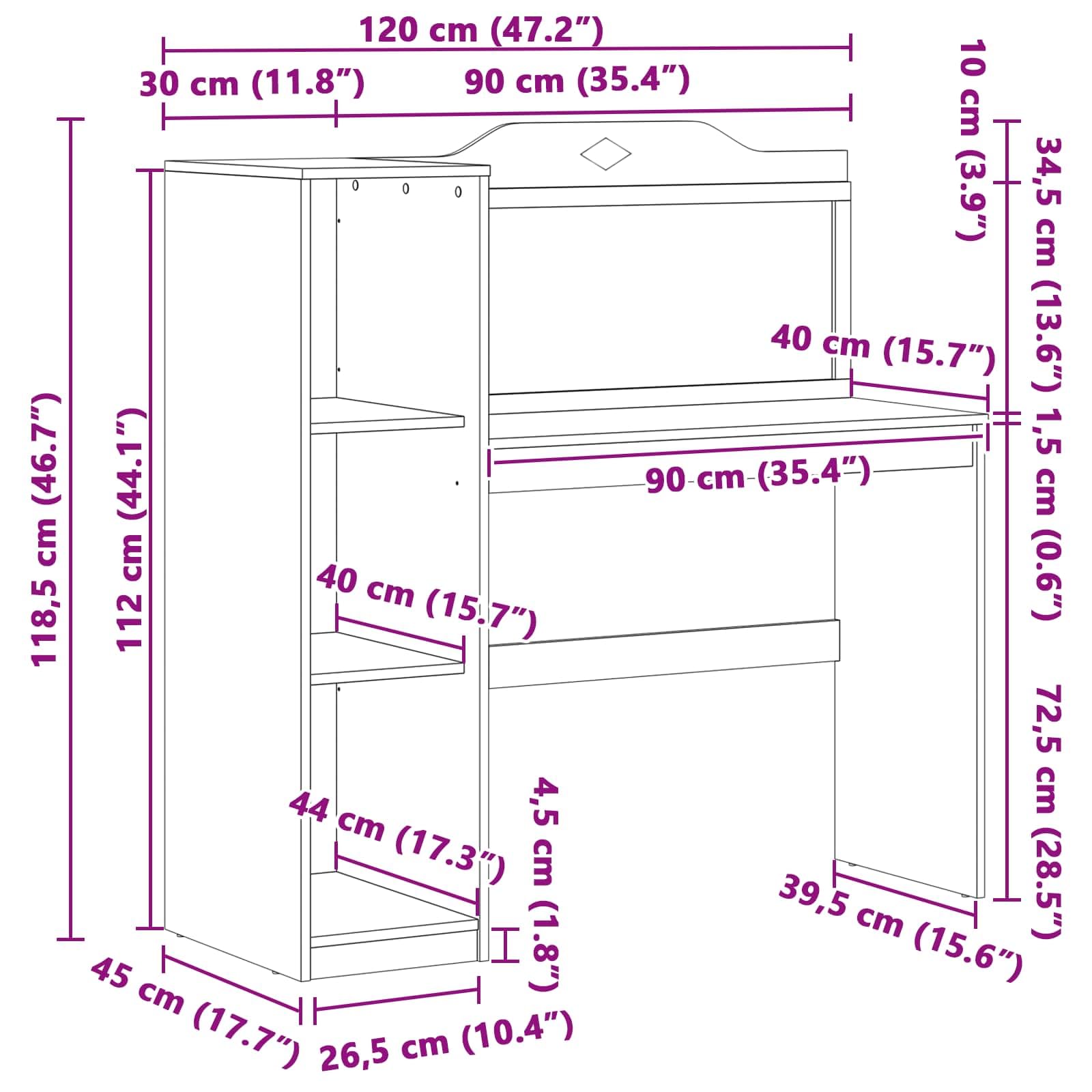 ROROS - Scrivania con ripiano aperto e lavagna in legno, 120 x 45 x 118,5 cm, con 3 ripiani, per casa, ufficio, studio, studio e lavoro creativo