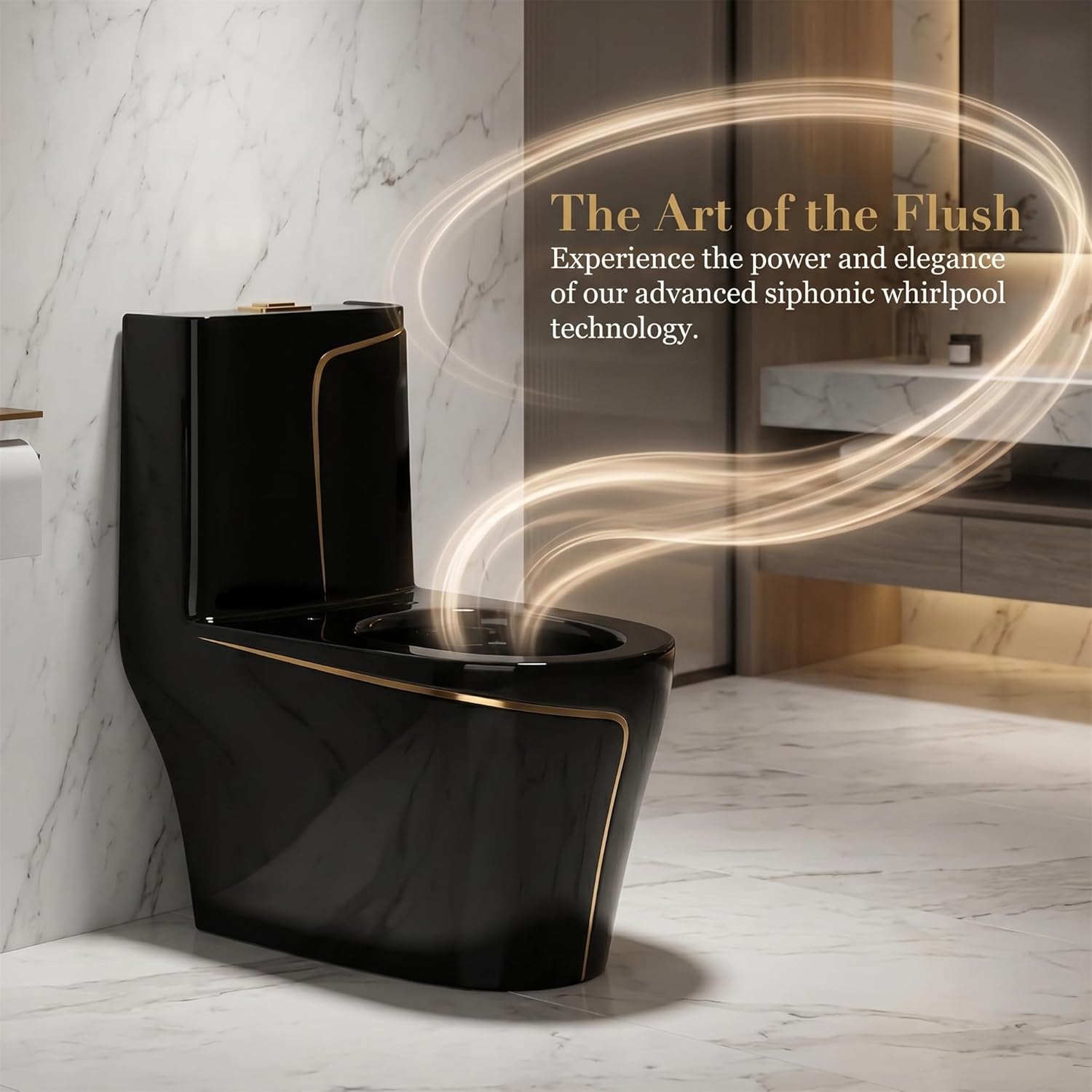 Compact One Piece Toilet, 12" Rough-In, Dual Flush 1.85 Gallons GPF Elongated Standard Toilet for Bathroom, Floor Mounted Comfort Height (Seat Included) (Black and Gold)