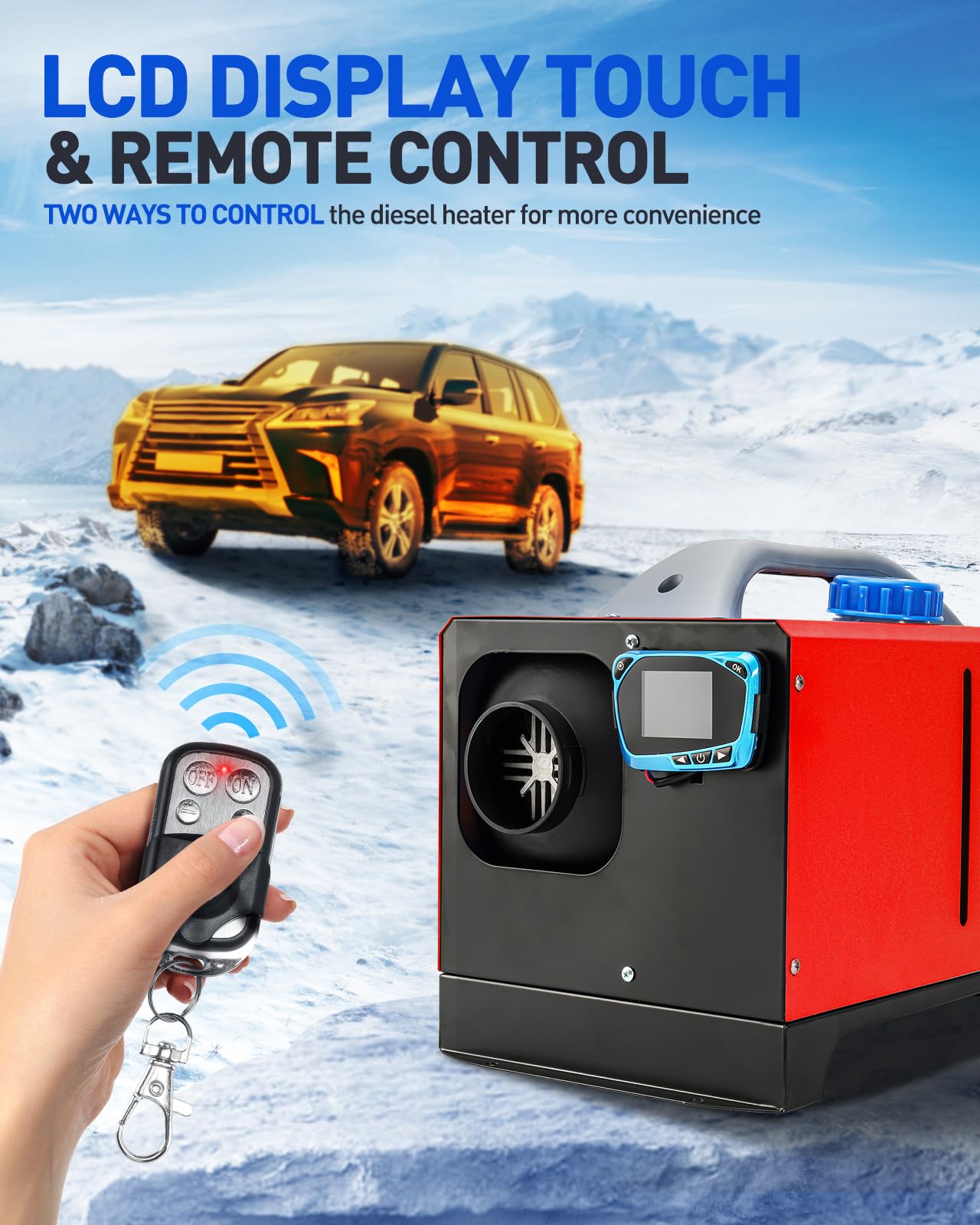12 V 5 kW Nagrzewnica Diesla Pojedynczy otwór Uniwersalny Nagrzewnica Powietrza Diesla z Inteligentnym Wyświetlaczem LCD do Garażu, Kamperów, Pojazdów RV, Ciężarówek, Przyczep, Łodzi (Czerwony)