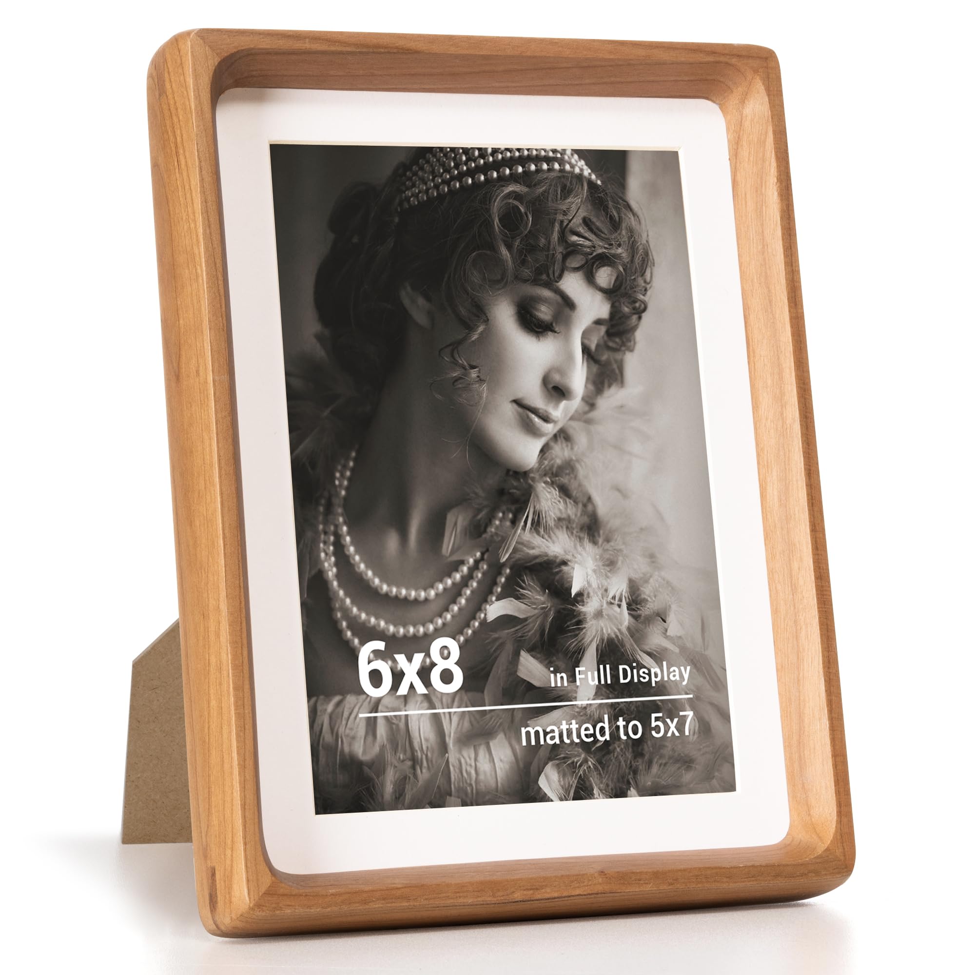 Fun Memories 6x8 Picture Frame, Natural Cherry Wood Photo Frames with HD Tempered Glass, Handcrafted Rounded Corner 6 x 8 Wooden Frames Matted to 5x7 Photos, 6x8 Frame, Tabletop or Wall Display โ image 1