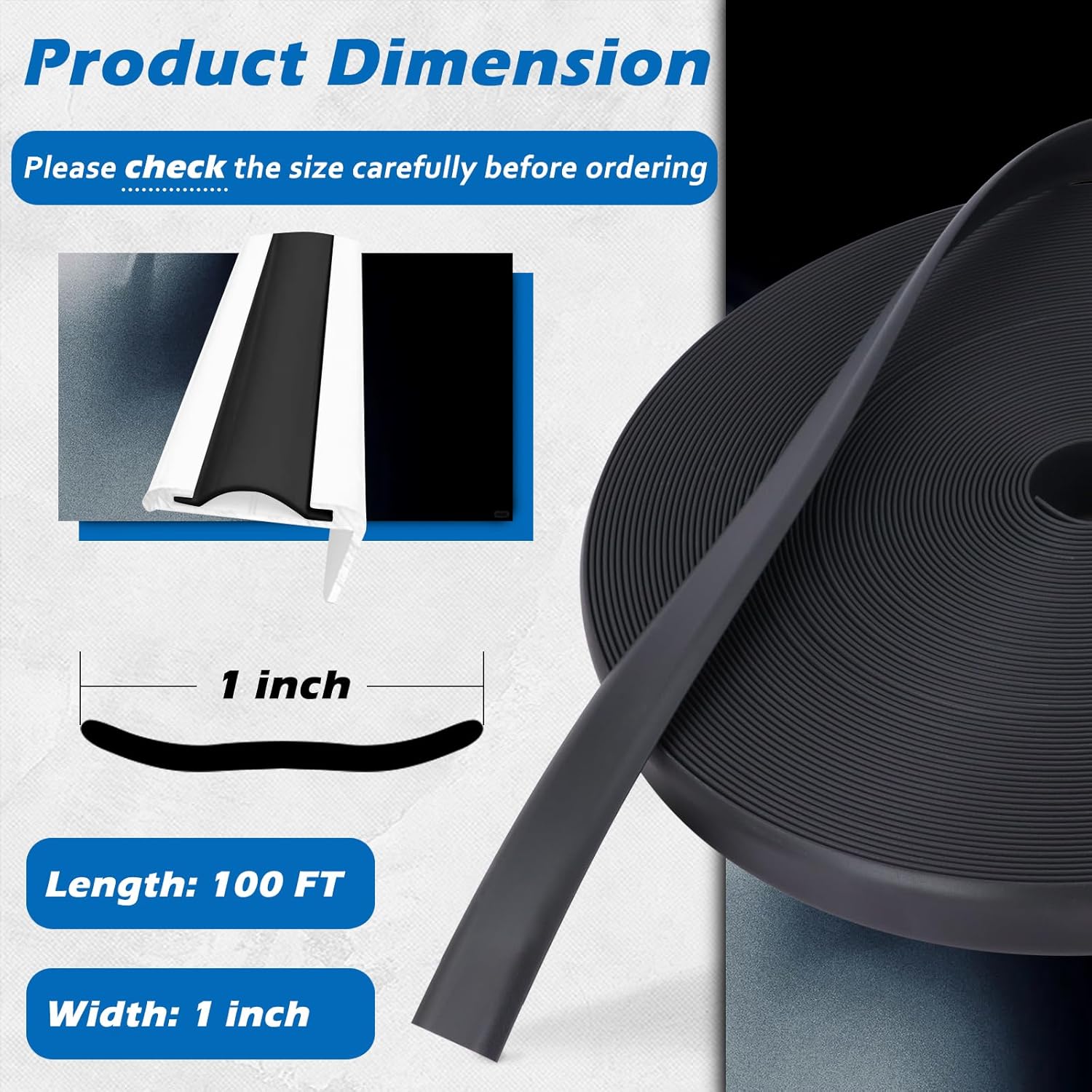 1" RV Trim Molding Insert with Flat Metal End Caps, RV Screw Cover Trim, Vinyl RV Corner Molding, Weather Stripping Roof Gutter Trim Exterior for RV Camper Travel Trailer (Black, 100FT - 1" Wide)