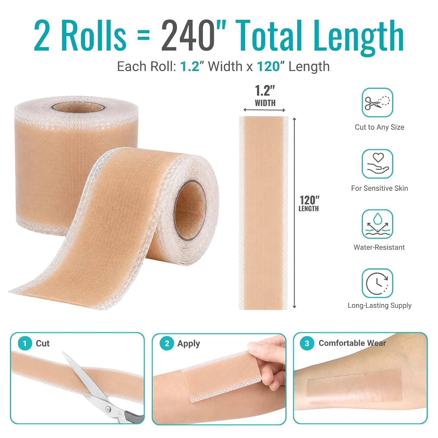 Thin Silicone Scar Tape Roll, 1.2" x 120", 2 Rolls | 0.2mm soft silicone sheets for closed skin, face & body marks, acne marks, cuts, burns and surgery recovery