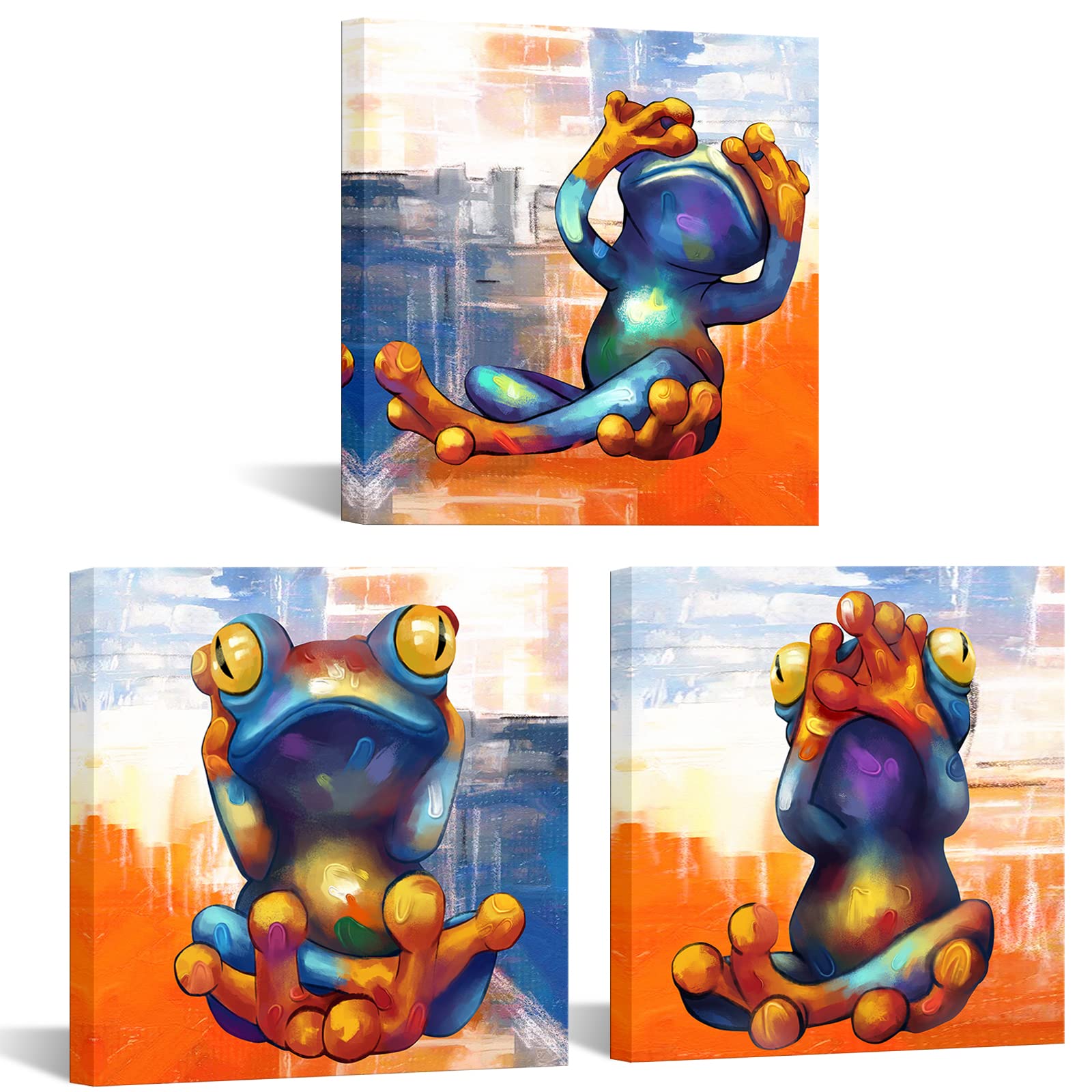 DuoBaorom 3 Pieces Funny Frog Canvas Wall Art No Evil Animal Picture See Hear Speak Painting Print Artwork for Bathroom Bedroom Home Decor Stretched and Framed Ready to Hang 12x12inchx3pcs