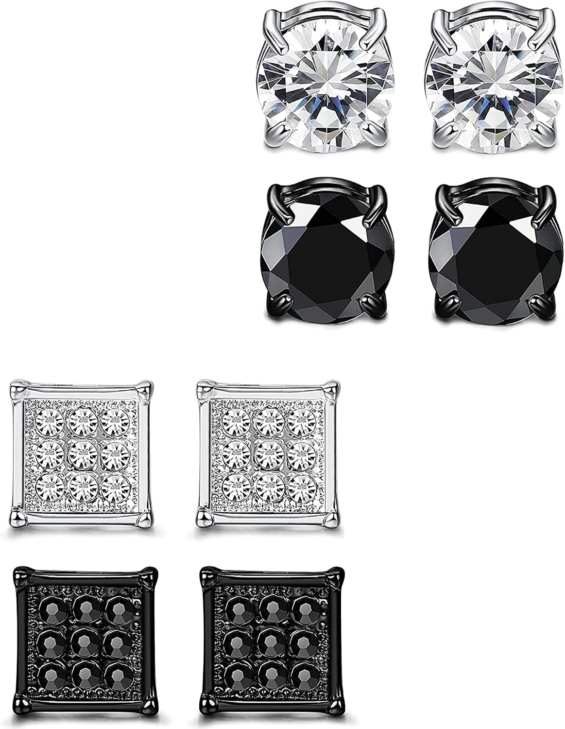 SIISPRI 4 Pairs Stainless Steel Magnetic Stud Earrings for Men Women Non Piercing Clip on CZ Earrings 6MM (4 Pairs a Set,6MMBlack + Silver)