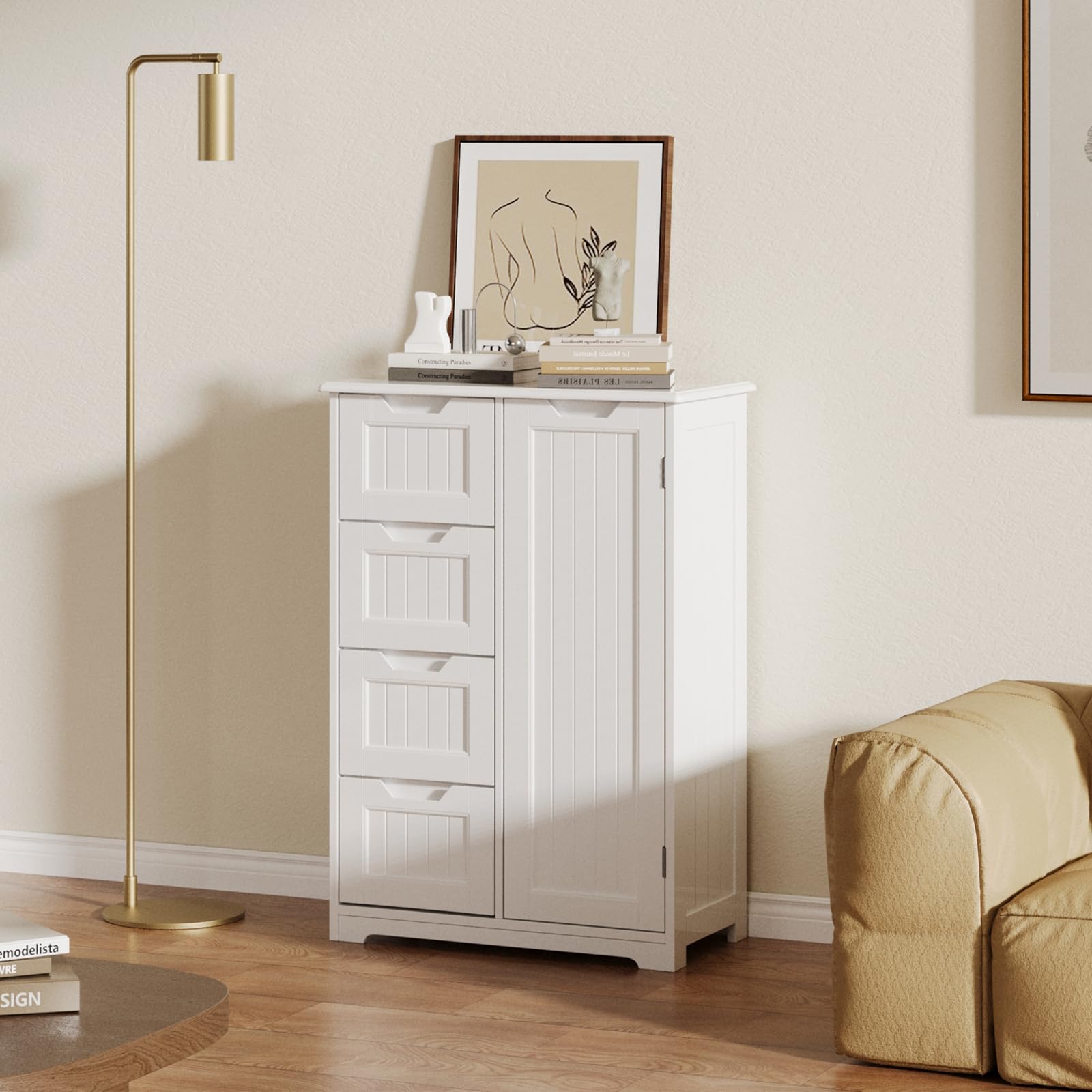 Bealife Aparador de Cocina, Mueble de baño con 4 cajones y 1 Puerta, aparador con estantes Ajustables para Cocina, baño, salón y Dormitorio.30 x 60 x 85cm(Blanco)