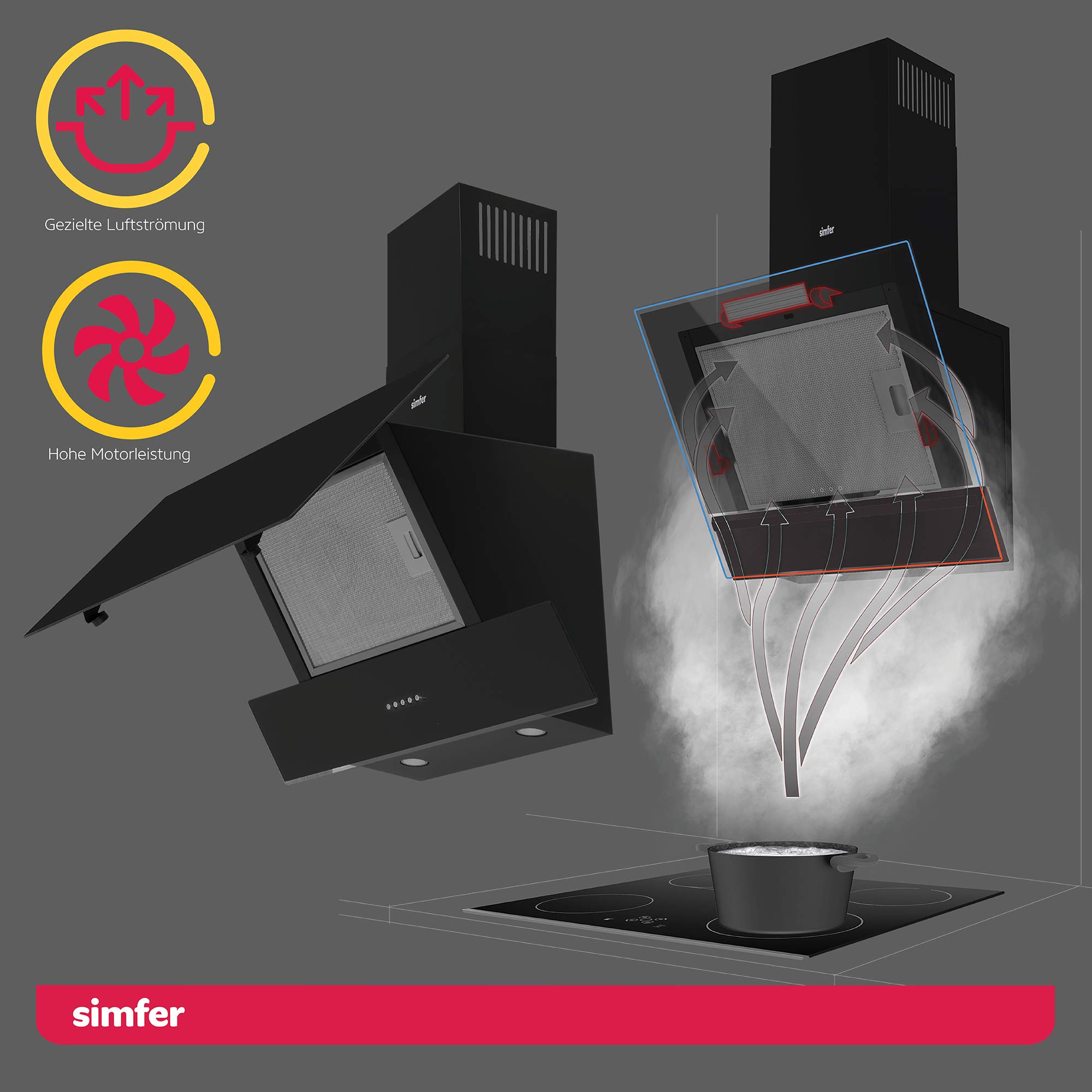 Simfer Dunstabzugshaube Glas CH 5658 | 60 cm | 650 m³ /h | 3 Stufen | Druckknöpfe | Wandhaube | Kaminhaube | Schräghaube | Alu-Filter | 2x LED | Teleskopkamin Schwarz