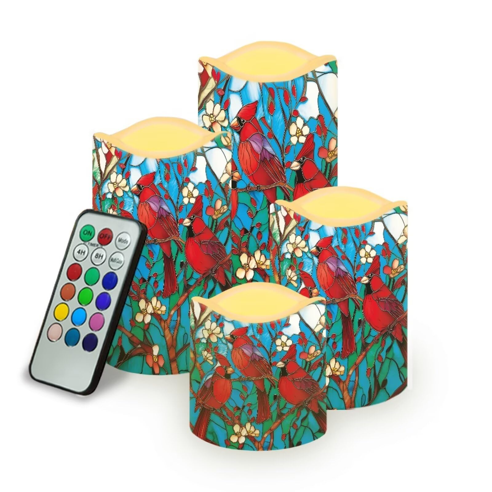 Stained Glass Cardinal Electric Flameless Candles Set of 4 | Christmas Flameless Candle Set with Timer, Battery Operated Fake Candles for Living Room, Table Centerpieces